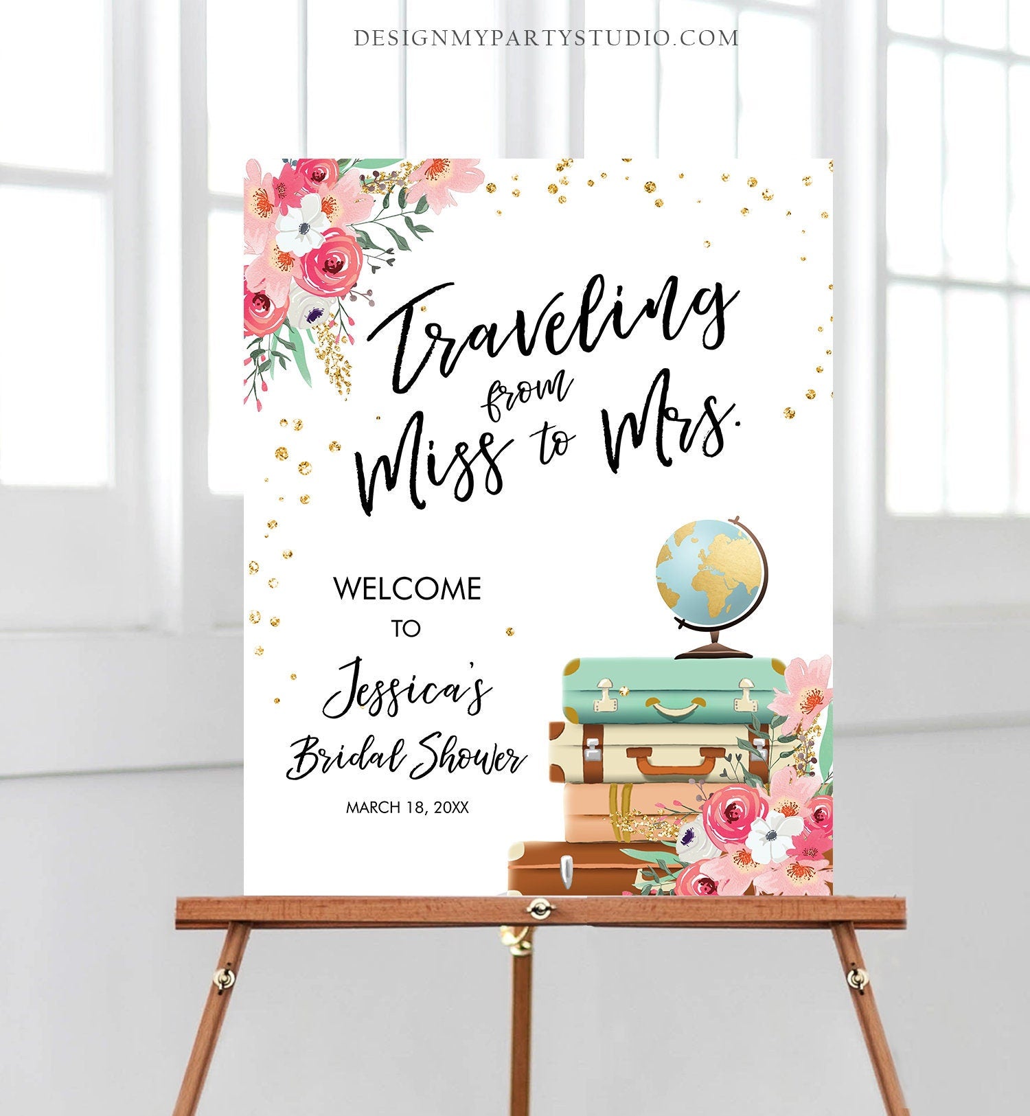 Editable Miss to Mrs Welcome Sign Bridal Shower Traveling From Miss to Mrs Adventure Love is a Journey Floral Pink Corjl Template 0030