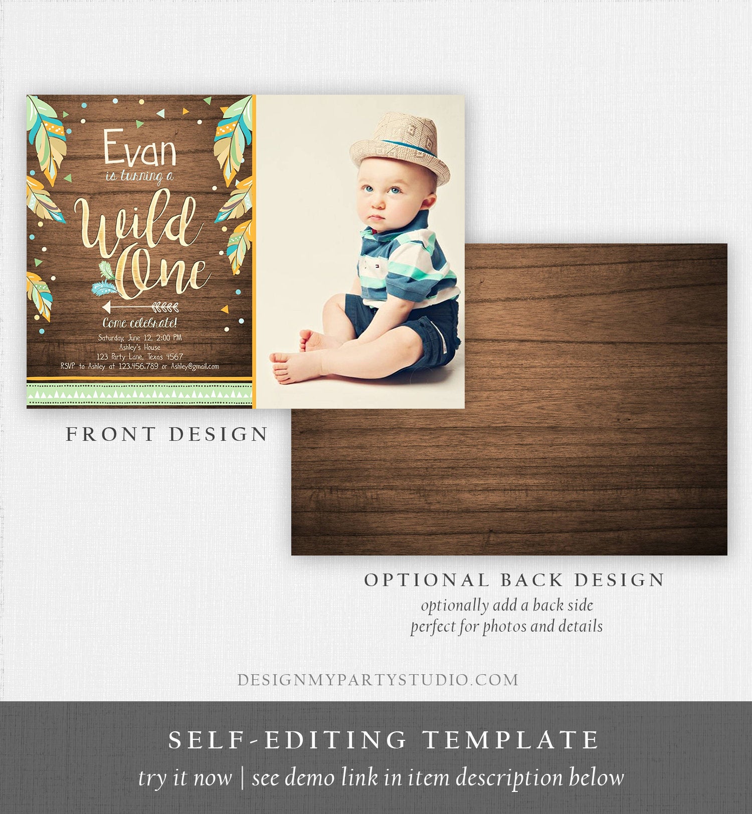 Editable Wild One Invitation Tribal Feathers Boy Green Teal Coral Mint Wood Gold First Birthday 1st Boho Photo Corjl Template Printable 0038