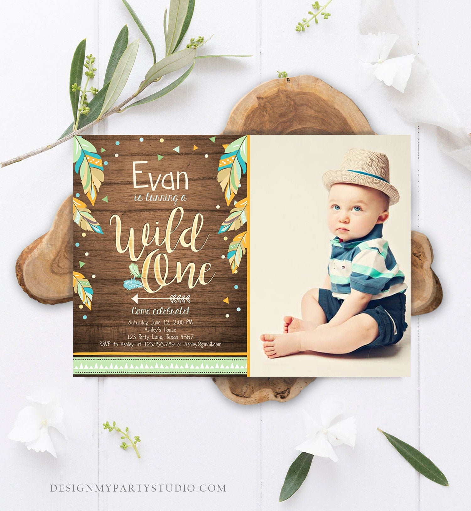 Editable Wild One Invitation Tribal Feathers Boy Green Teal Coral Mint Wood Gold First Birthday 1st Boho Photo Corjl Template Printable 0038