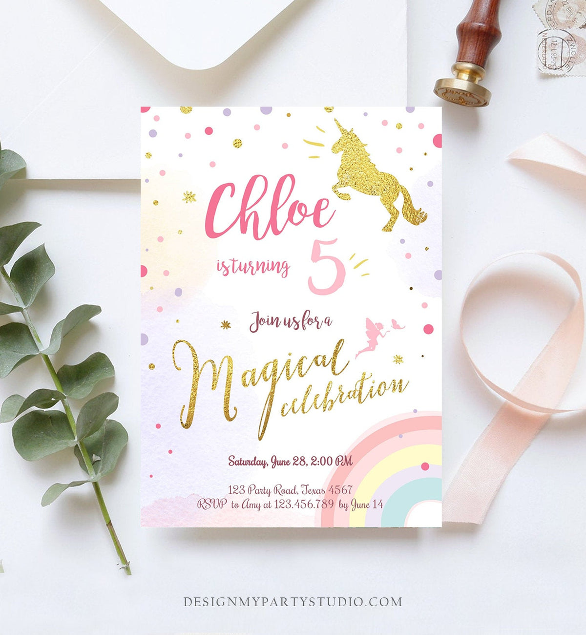 Editable Rainbow Unicorn Birthday Invitation Unicorn Magical Birthday Girl Gold Pink Instant Download Printable Template Digital Corjl 0041