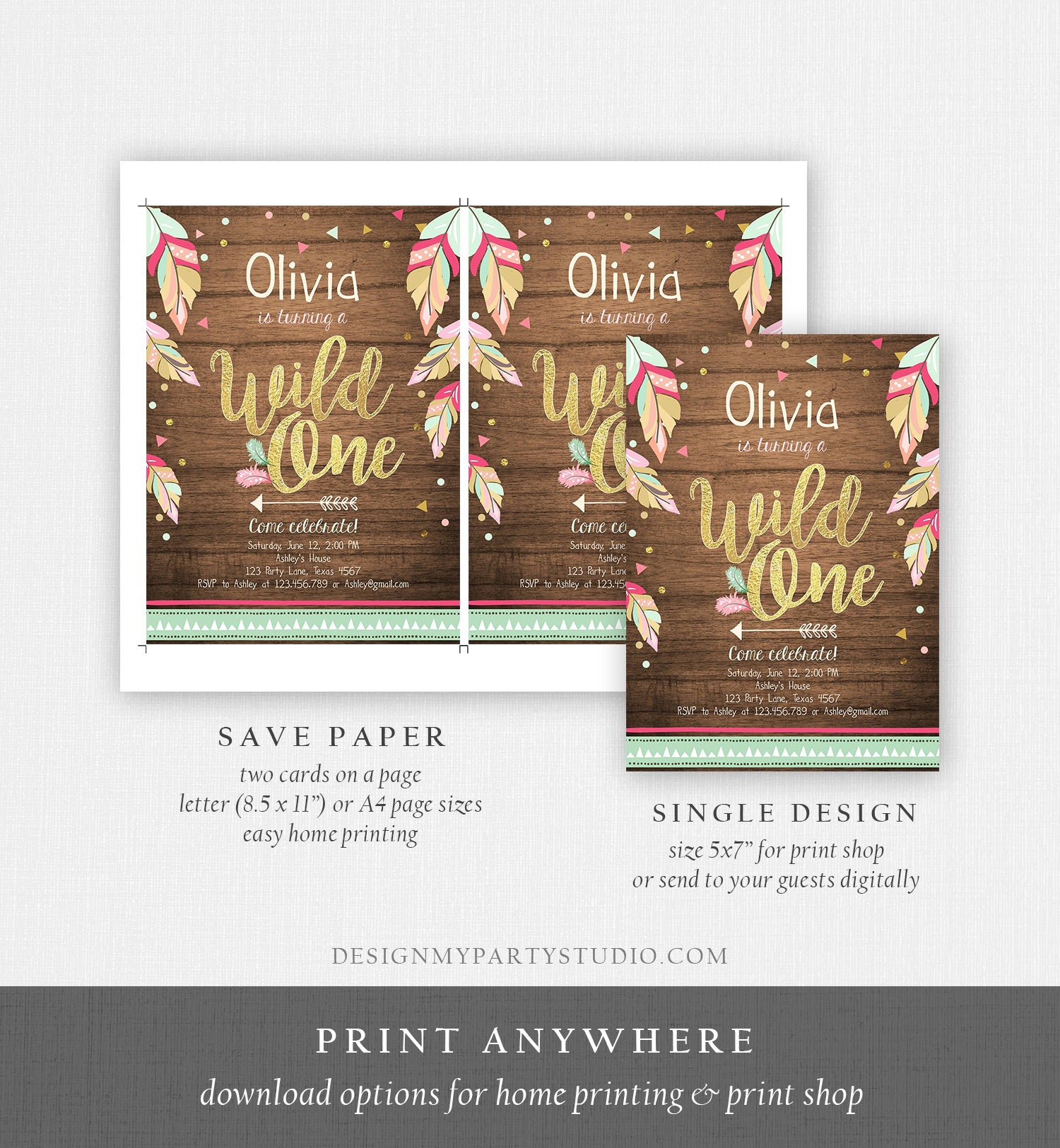 Editable Wild One Invitation Tribal Feathers Girl Pink Teal Wood Mint Gold First Birthday 1st Boho Download Corjl Template Printable 0038