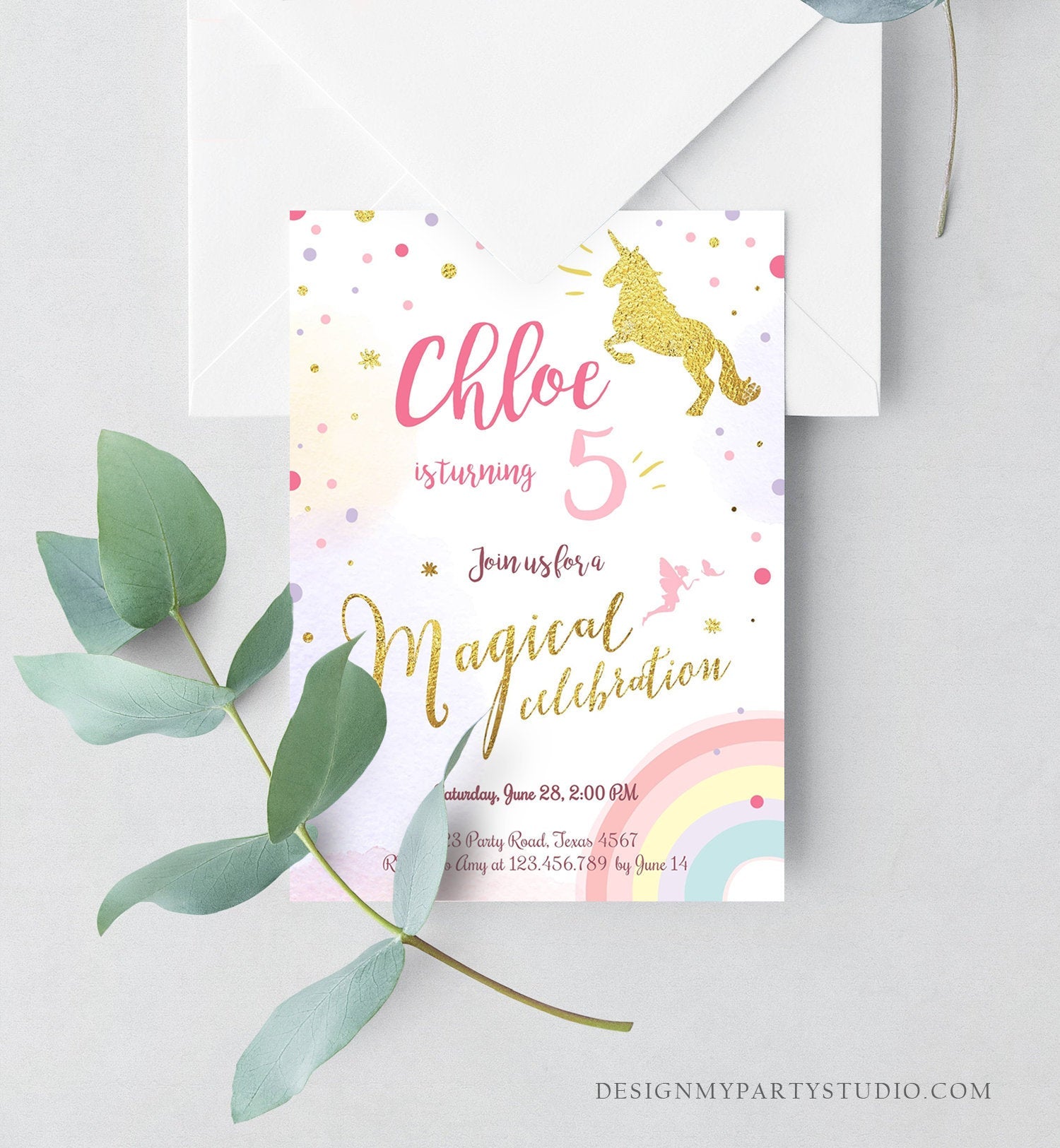 Editable Rainbow Unicorn Birthday Invitation Unicorn Magical Birthday Girl Gold Pink Instant Download Printable Template Digital Corjl 0041