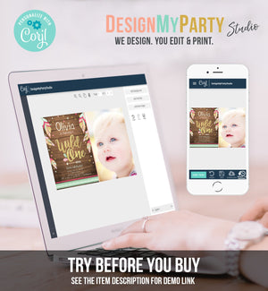 Editable Wild One Invitation Tribal Feathers Girl Pink Teal Gold Wood Mint First Birthday 1st Boho Photo Corjl Template Printable 0038