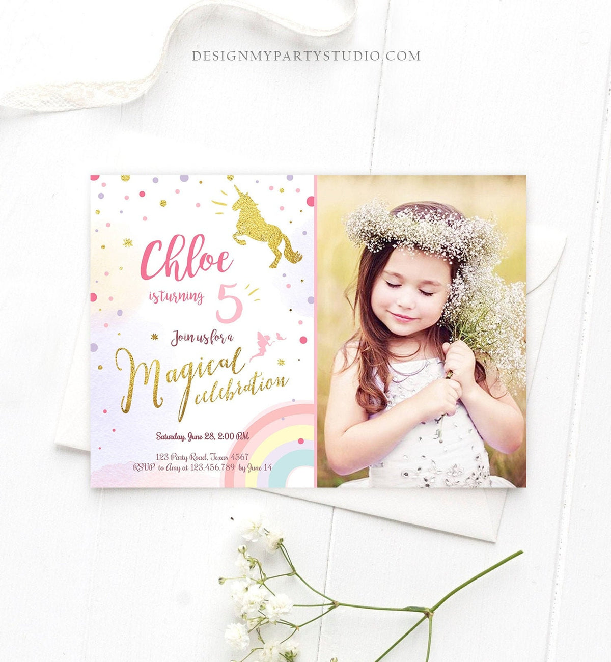 Editable Rainbow Unicorn Birthday Invitation Unicorn Magical Birthday Girl Gold Pink Instant Download Printable Template Digital Corjl 0041