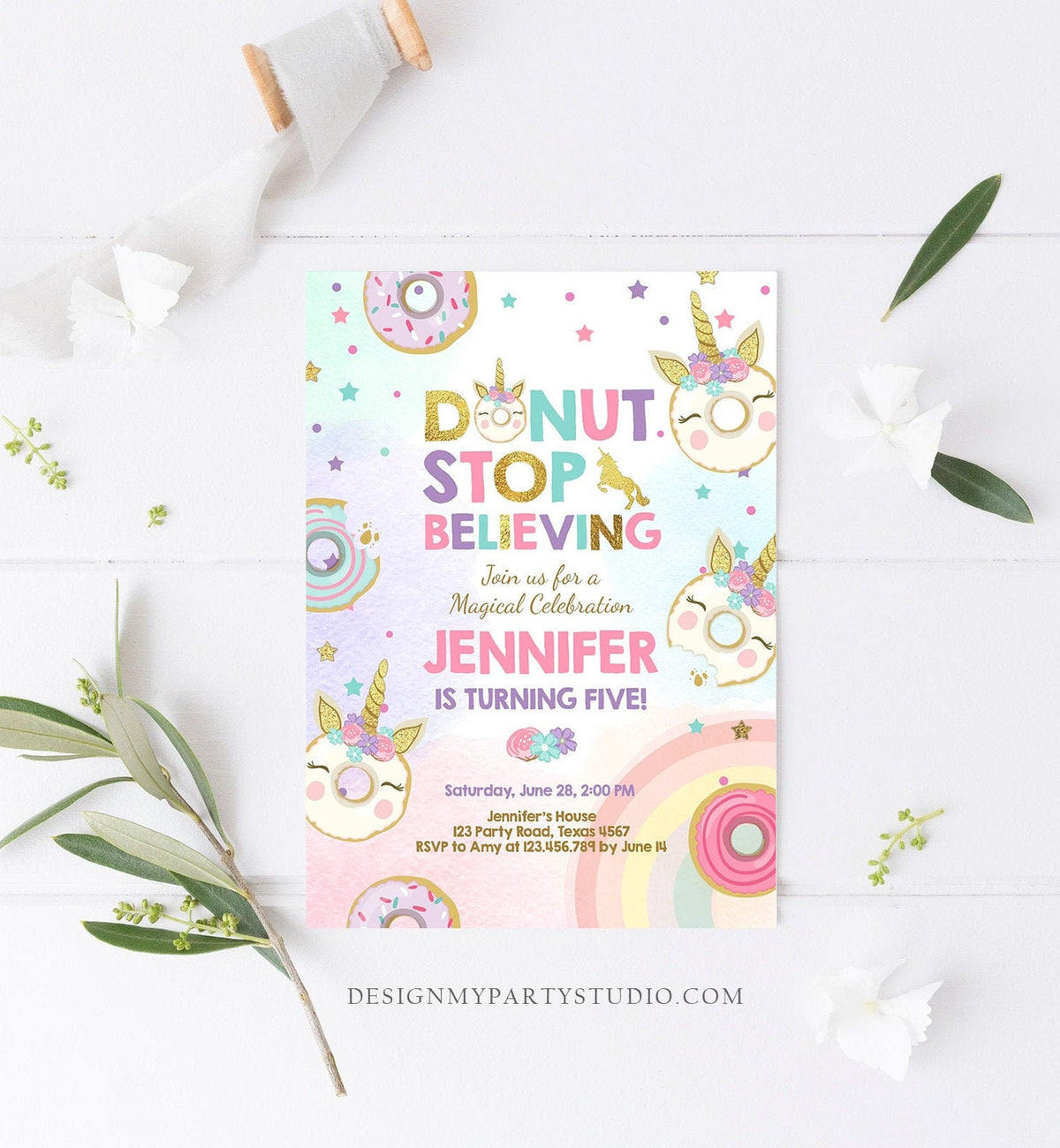 Editable Unicorn Donut Birthday Invitation Donut Stop Believing Magical Rainbow Girl Pink Purple Gold Glitter Printable Corjl Template 0041