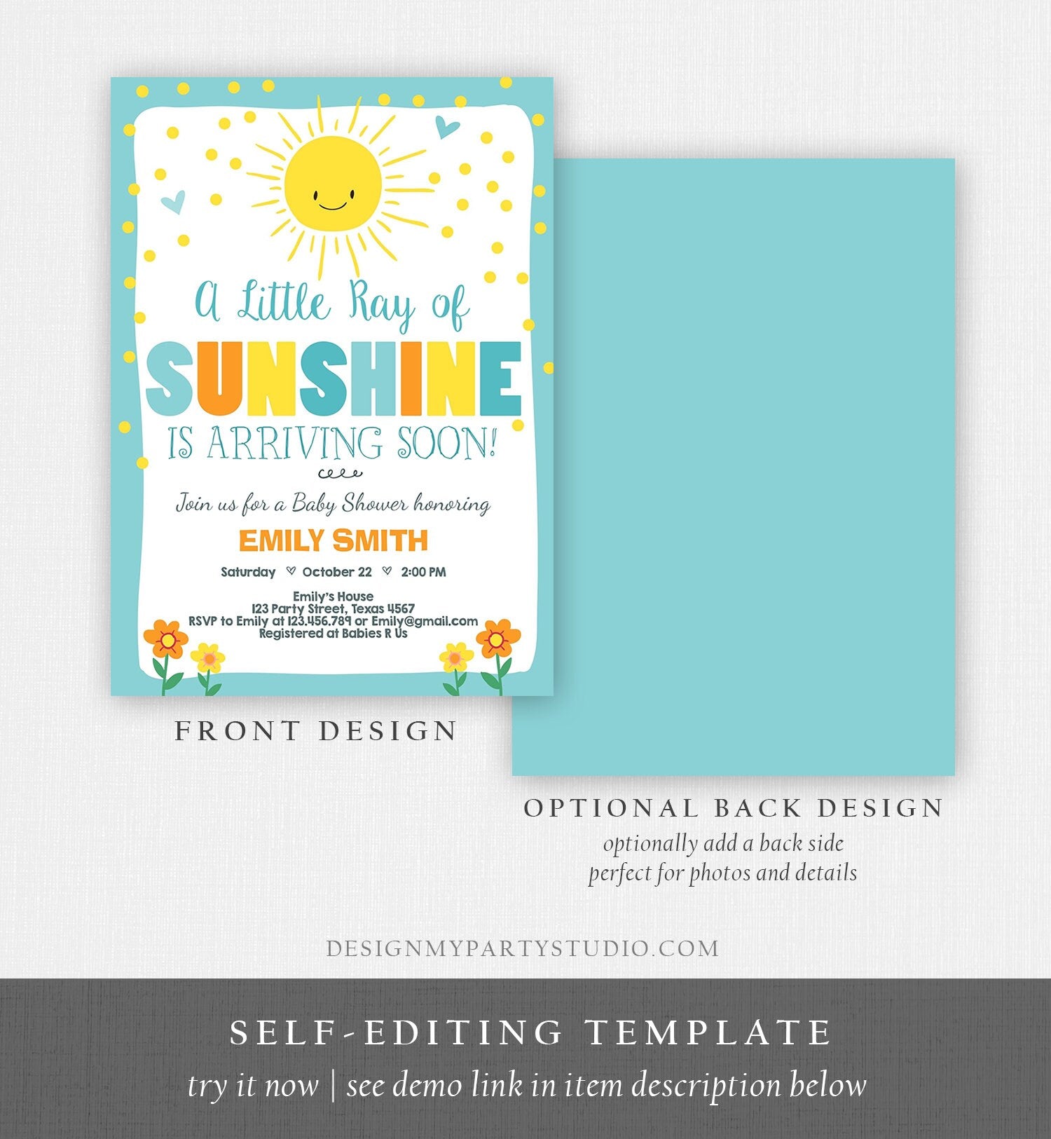 Editable Baby Shower Invitation A Ray of Sunshine Little Sunshine Blue Yellow Boy Invite Template Instant Download Digital Corjl 0070