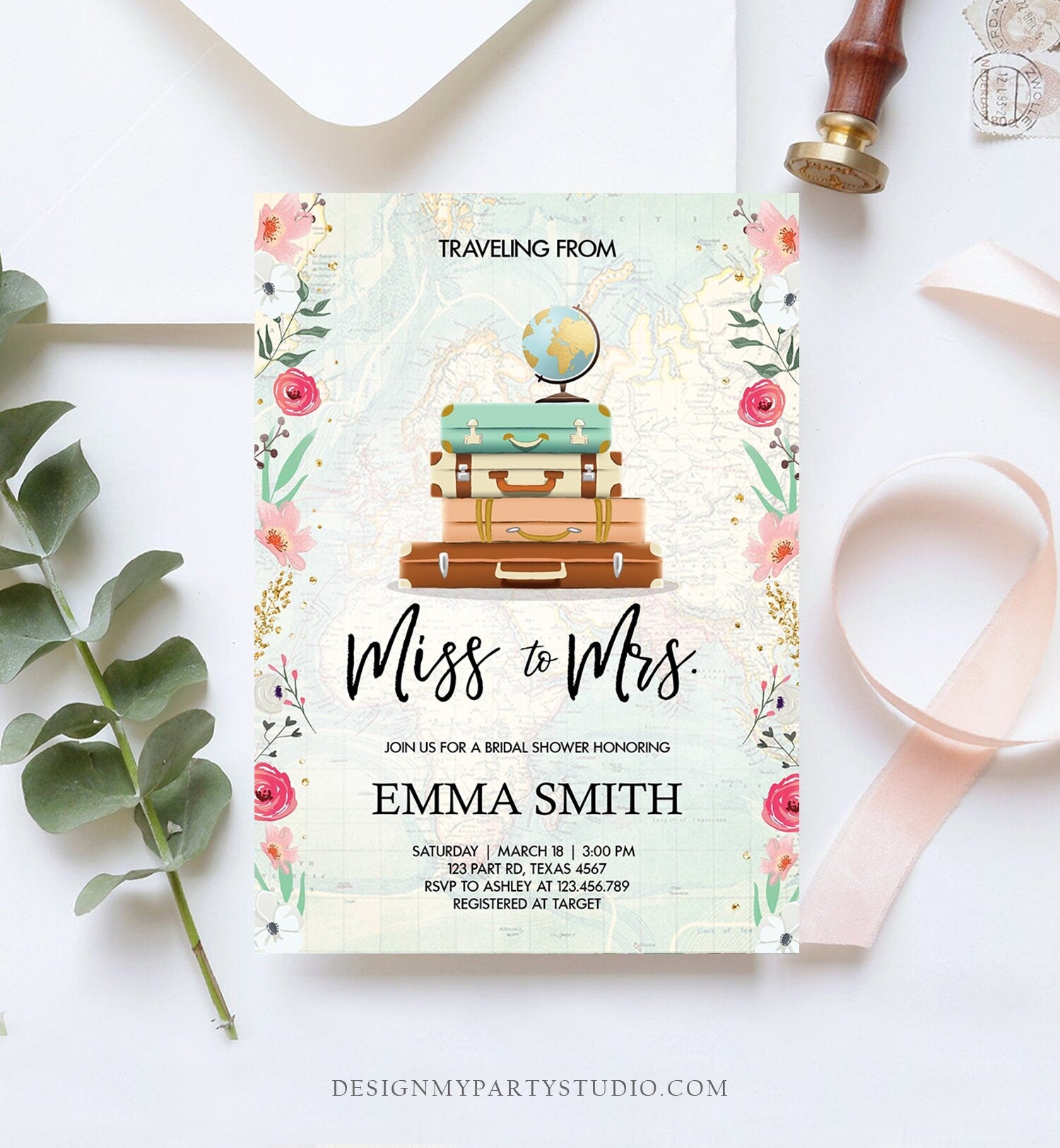 Editable Miss to Mrs Travel Bridal Shower Invitation Flowers Globe Suitcase Gold Confetti Traveling Download Printable Corjl Template 0030