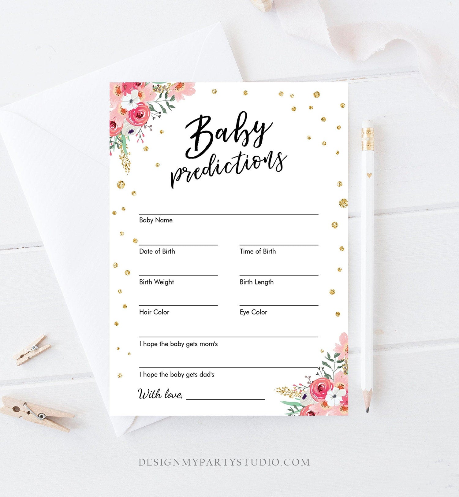 Editable Baby Predictions Game Card Shower Activity Baby Girl Floral Pink and Gold Baby Shower Game Template PRINTABLE Corjl 0030 0318