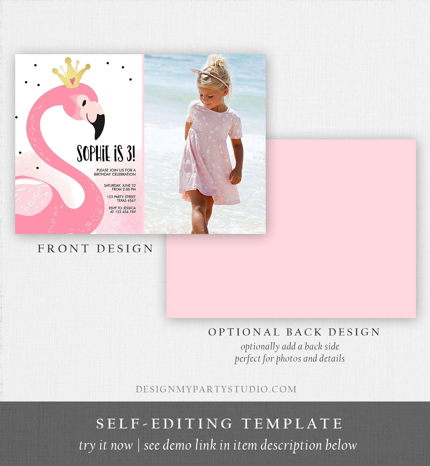 Editable Flamingo Birthday Invitation Tropical Party Invite Girls Summer Pink Gold Crown Instant Download Printable Template Corjl 0019