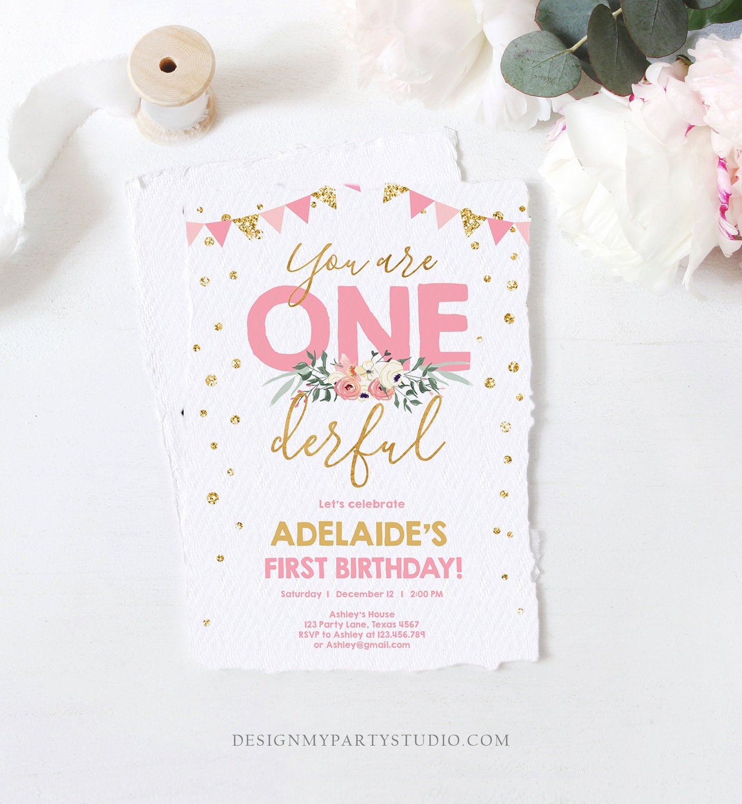 Editable Onederful Birthday Invitation Girl First Birthday Party Miss Onederful Pink Gold Glitter 1st Download Corjl Template Printable 0165