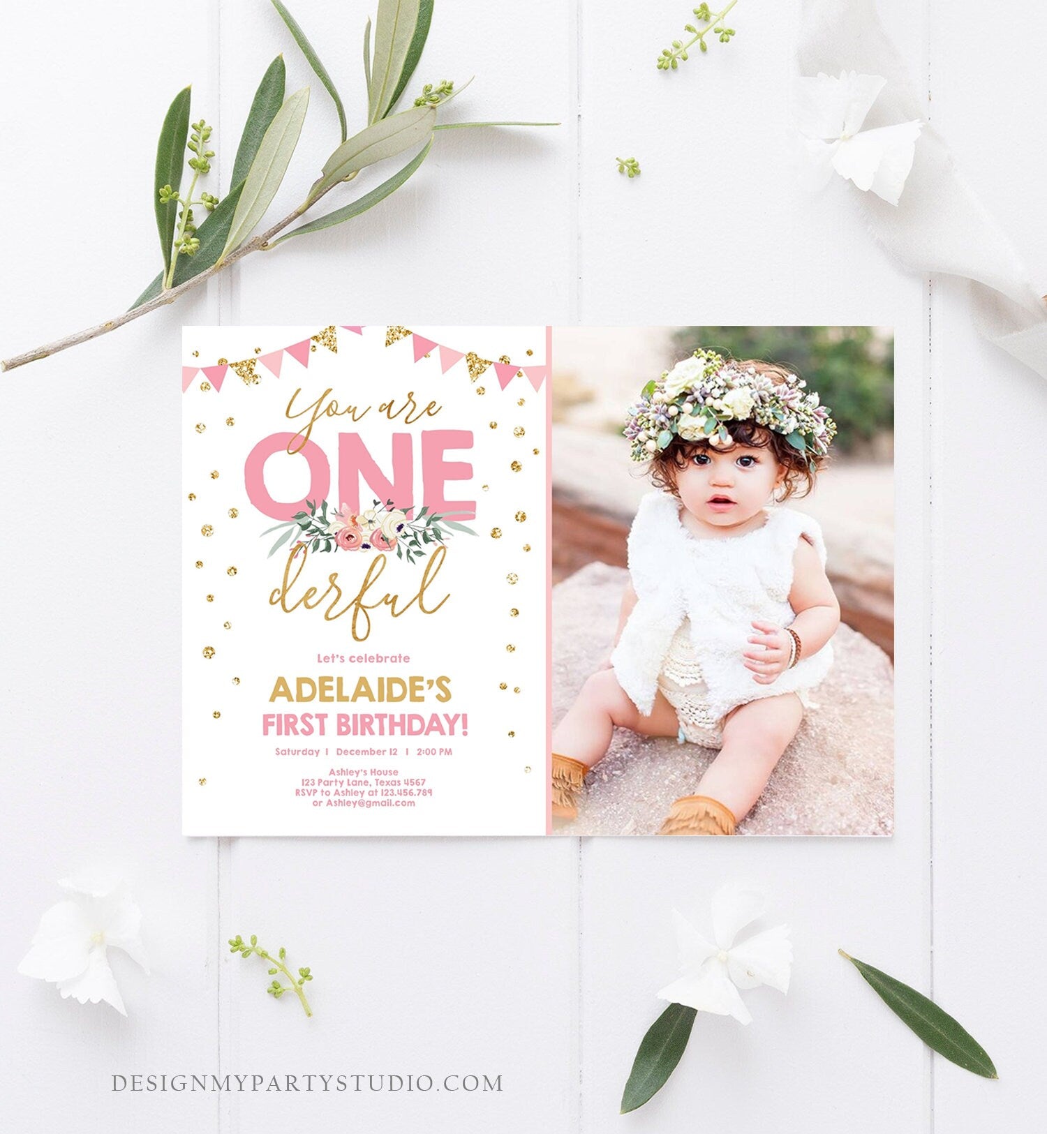 Editable Onederful Birthday Invitation Girl First Birthday Party Miss Onederful Pink Gold Glitter 1st Download Corjl Template Printable 0165