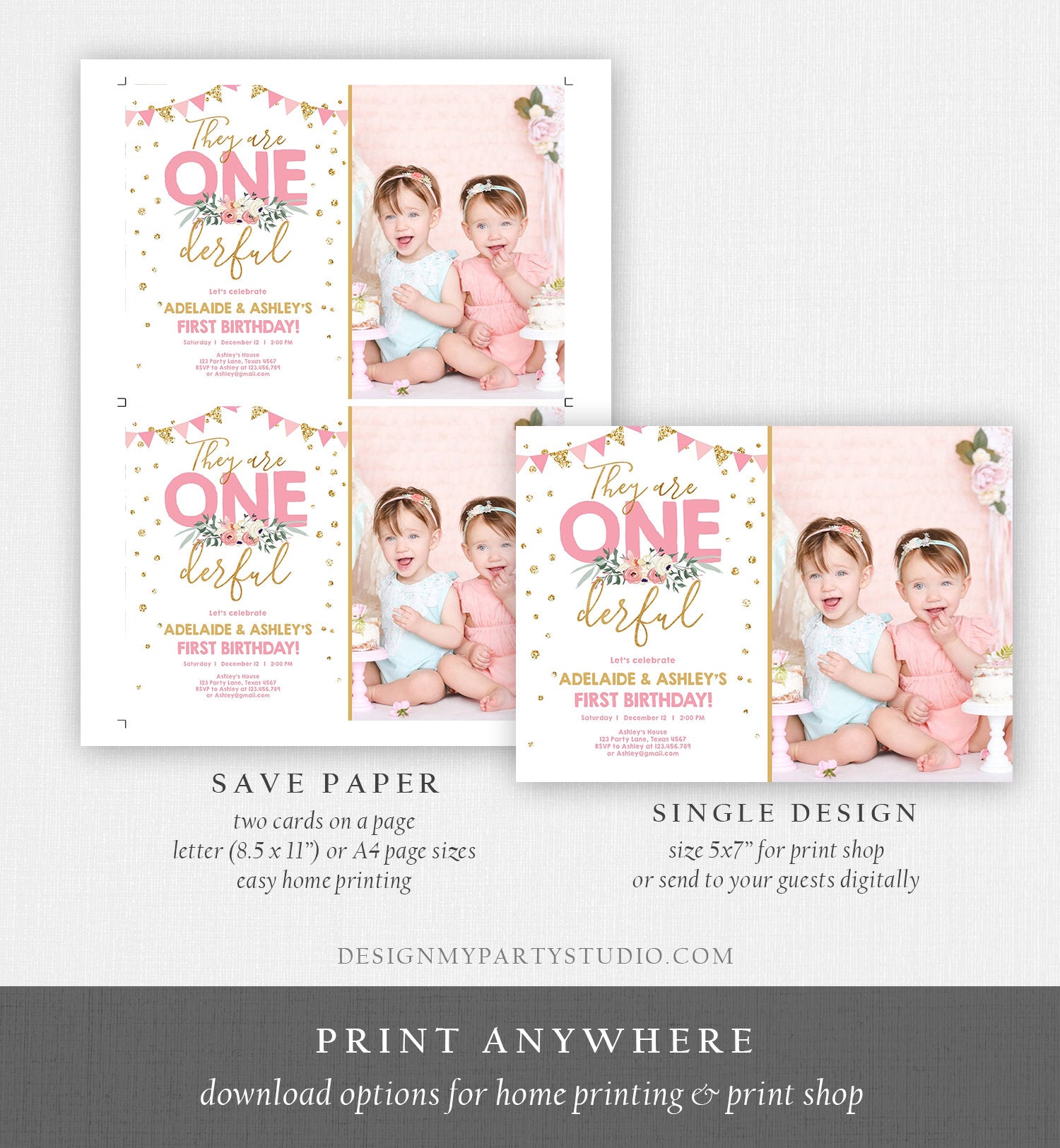 Editable Onederful Birthday Invitation Girls First Birthday Party They Are Onederful Pink Gold 1st Download Corjl Template Printable 0165