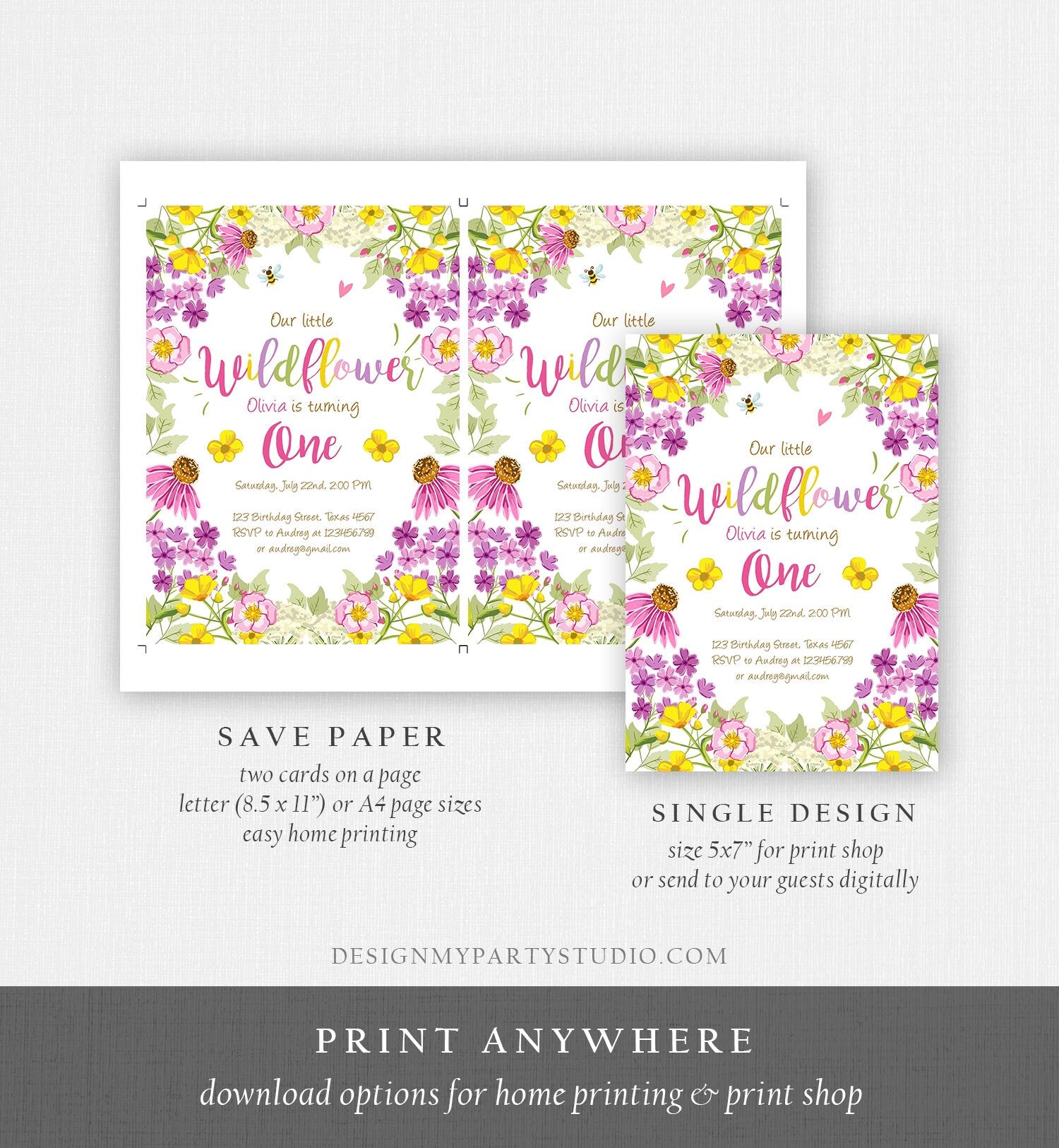 Editable Little Wildflower Birthday Invitation ANY AGE Floral Wild Flower Pink Girl First Birthday 1st Corjl Template Printable 0217