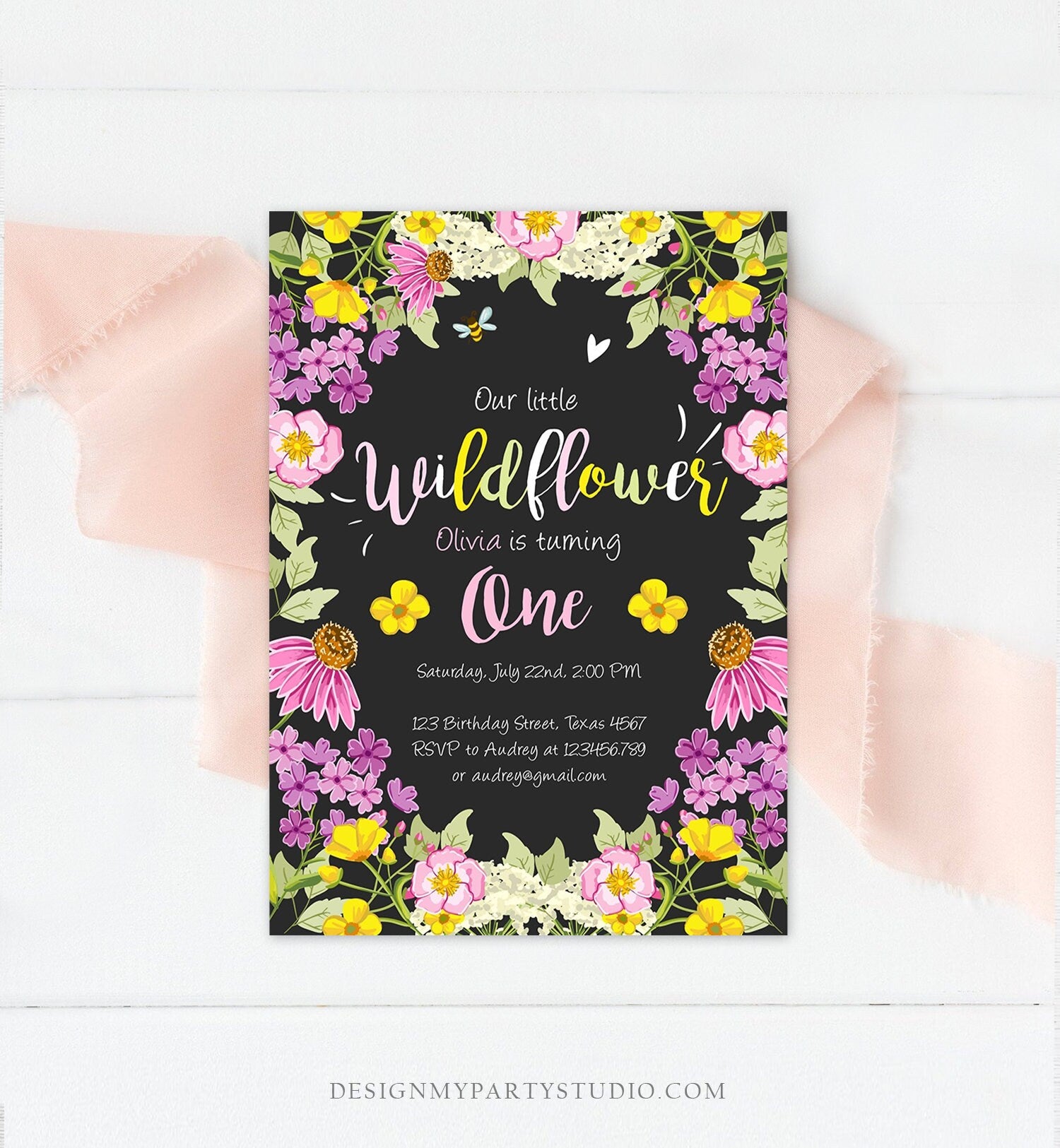 Editable Little Wildflower Birthday Invitation ANY AGE Floral Wild Flower Pink Girl First Birthday 1st Corjl Template Printable 0217