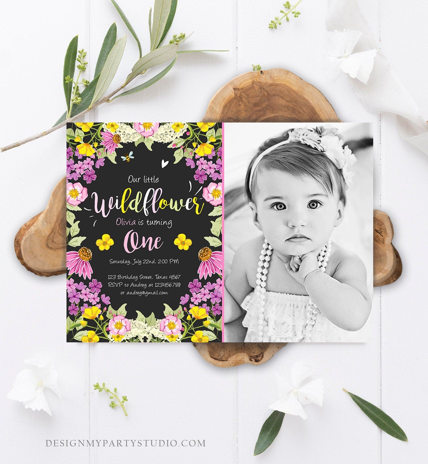 Editable Little Wildflower Birthday Invitation ANY AGE Floral Wild Flower Pink Girl First Birthday 1st Corjl Template Printable 0217