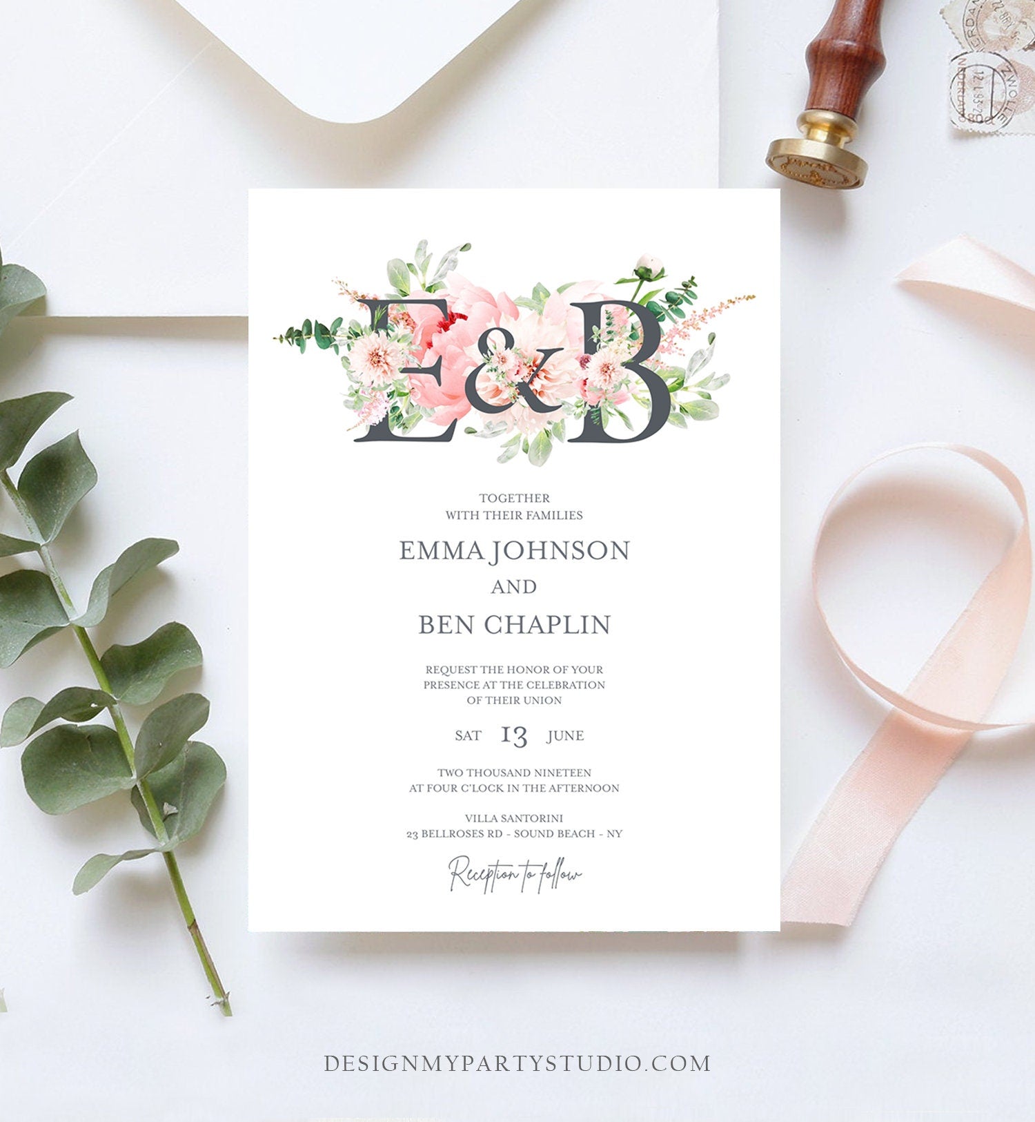 Editable Monogram Botanical Flowers Wedding Invitation Template Floral Greenery Spring Pink Peony Colors Digital Printable Corjl 0167