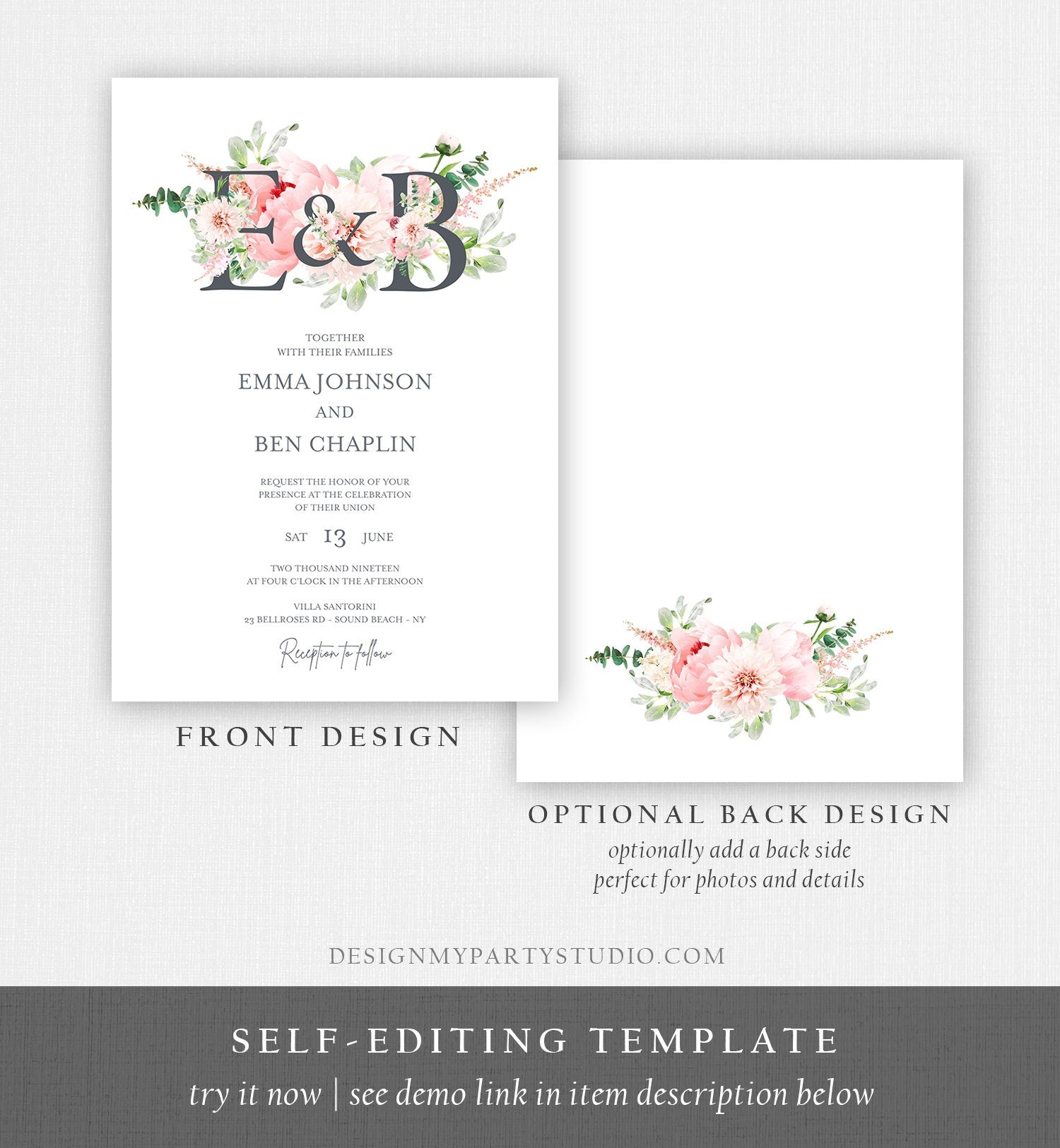 Editable Monogram Botanical Flowers Wedding Invitation Template Floral Greenery Spring Pink Peony Colors Digital Printable Corjl 0167