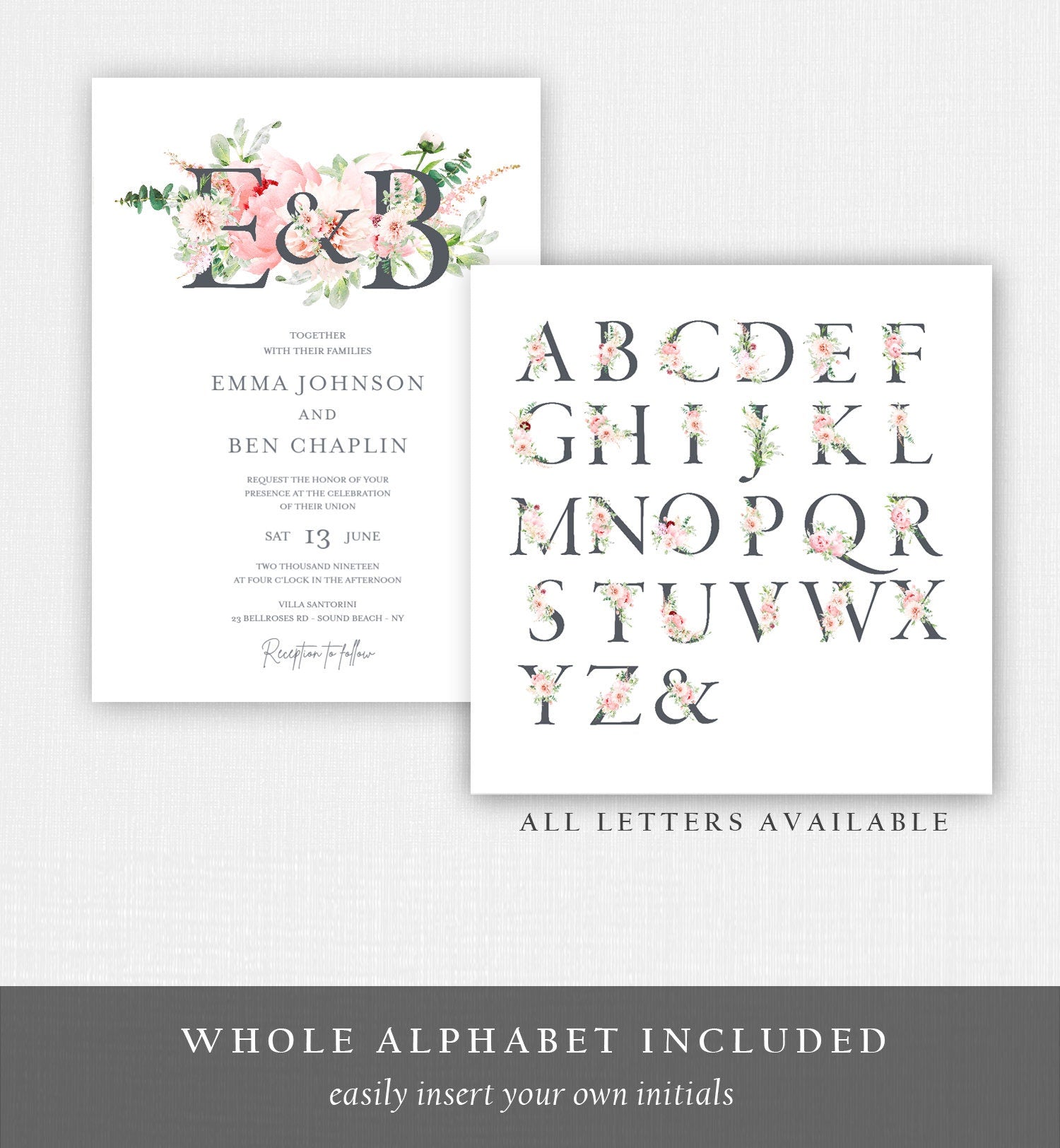 Editable Monogram Botanical Flowers Wedding Invitation Template Floral Greenery Spring Pink Peony Colors Digital Printable Corjl 0167