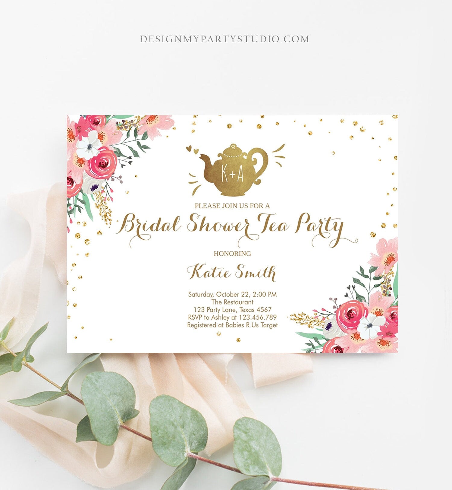 Editable Bridal Shower Tea Party Invitation Floral Tea pot Invite Pink and Gold Wedding Luncheon Download Printable Template Corjl Digital