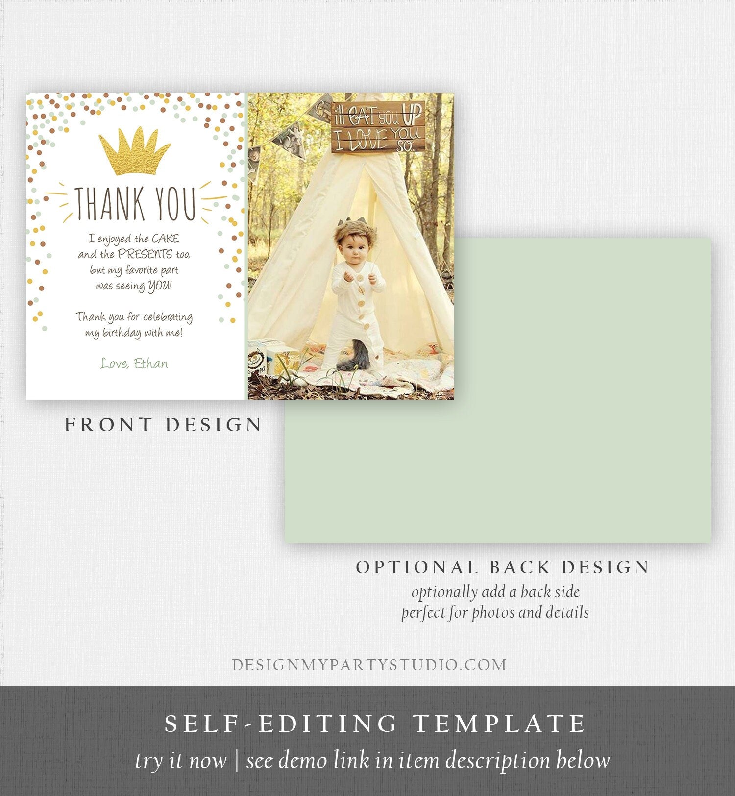 Editable Thank You Card Wild One Thank you Note Simple Gold Crown Wild Things Boy Birthday Download Printable Template Corjl Digital 0099