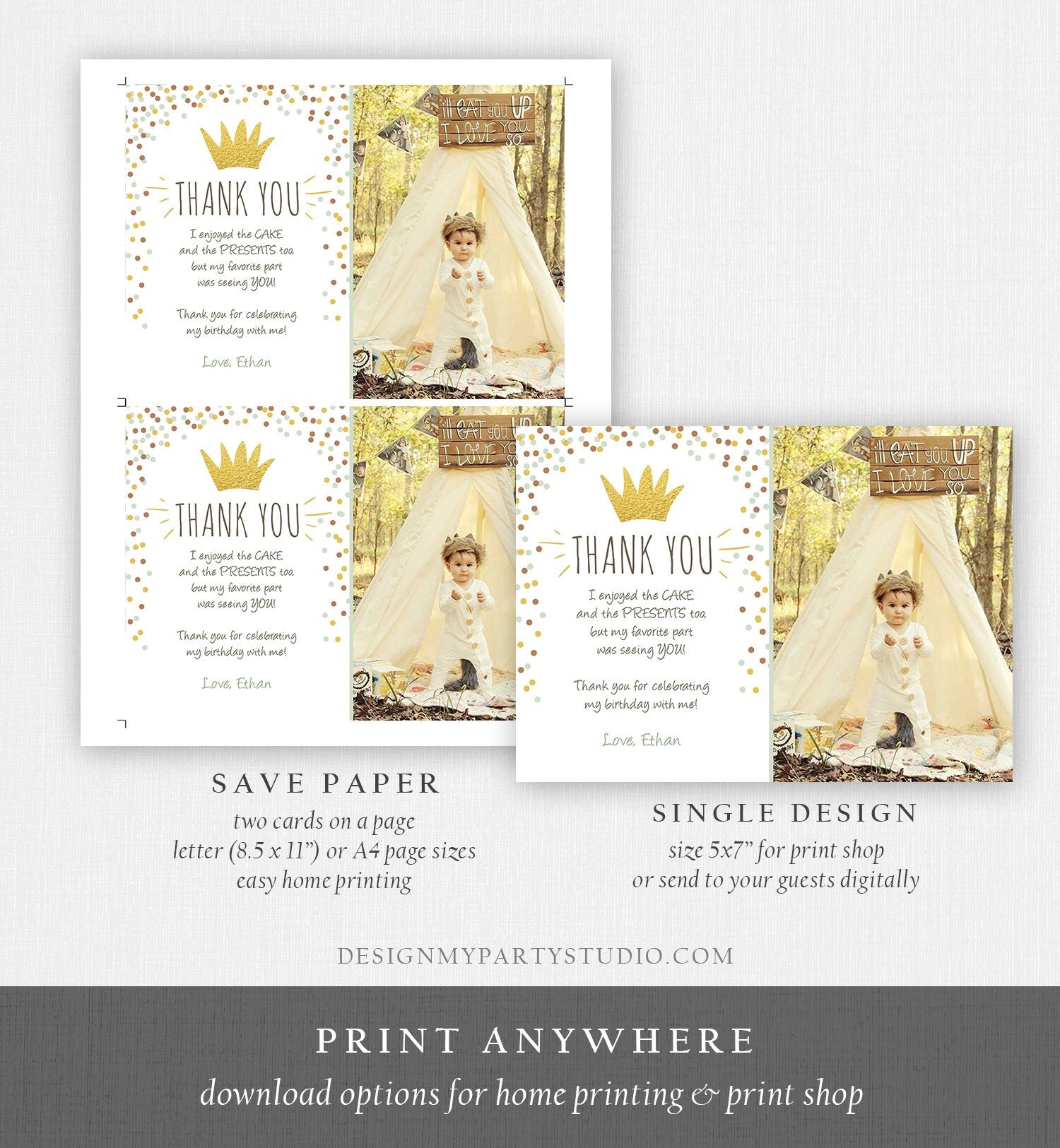 Editable Thank You Card Wild One Thank you Note Simple Gold Crown Wild Things Boy Birthday Download Printable Template Corjl Digital 0099