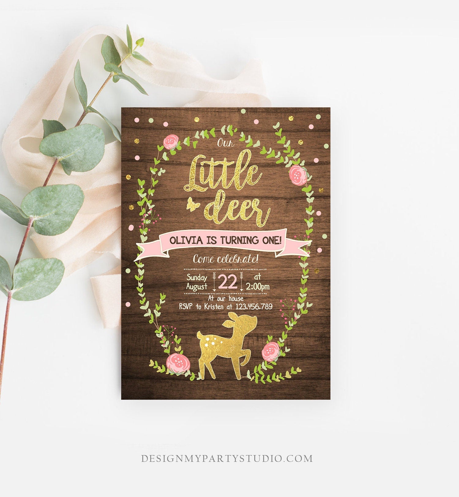 Editable Our Little Deer Birthday Invitation Pink and Gold Girl Birthday Floral Woodland Download Printable Template Corjl Digital 0085