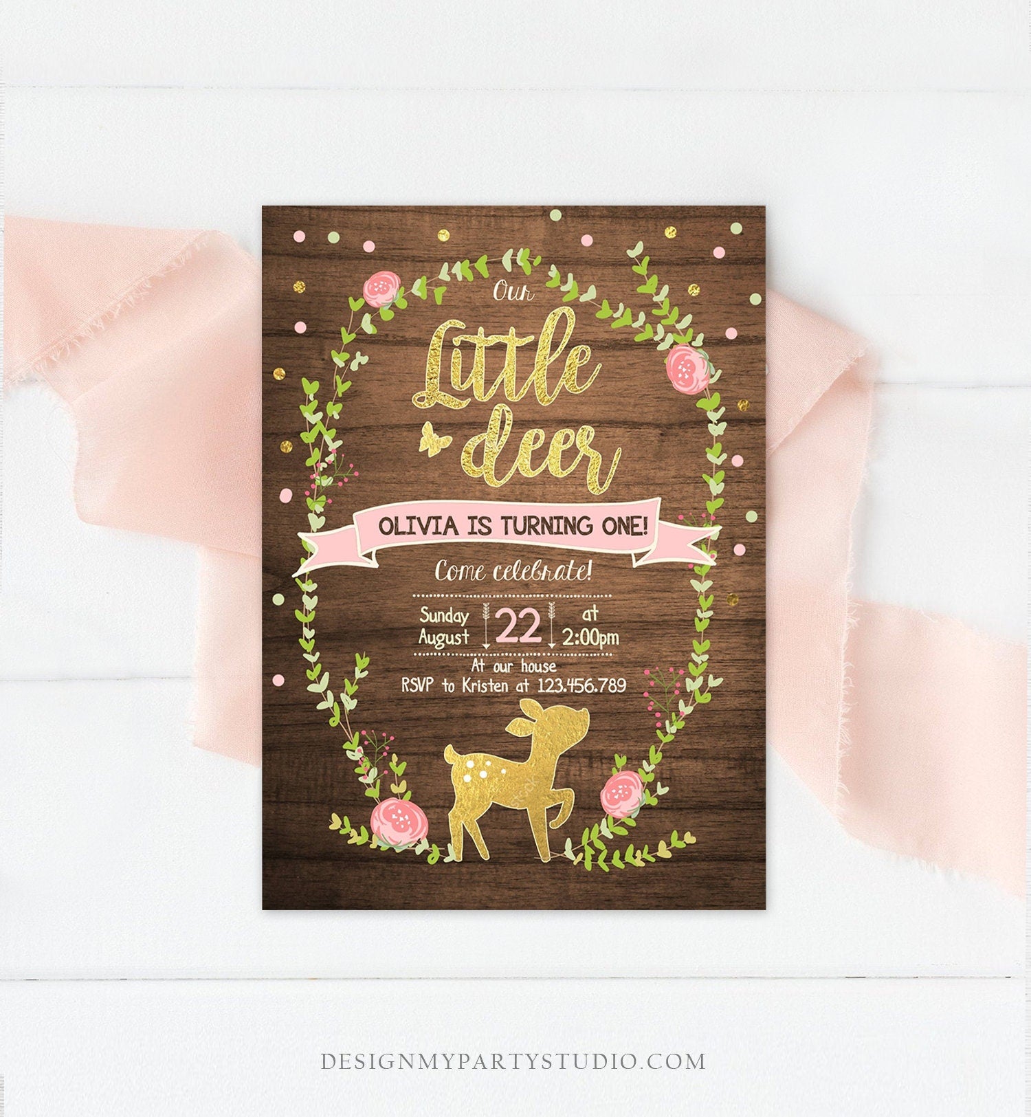 Editable Our Little Deer Birthday Invitation Pink and Gold Girl Birthday Floral Woodland Download Printable Template Corjl Digital 0085