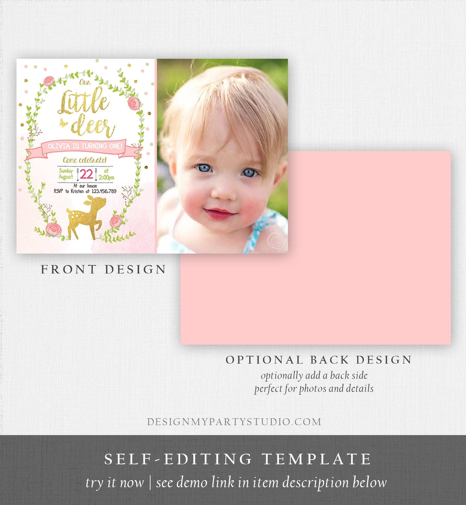 Editable Our Little Deer Birthday Invitation Pink and Gold Girl Birthday Floral Woodland Download Printable Template Corjl Digital 0085