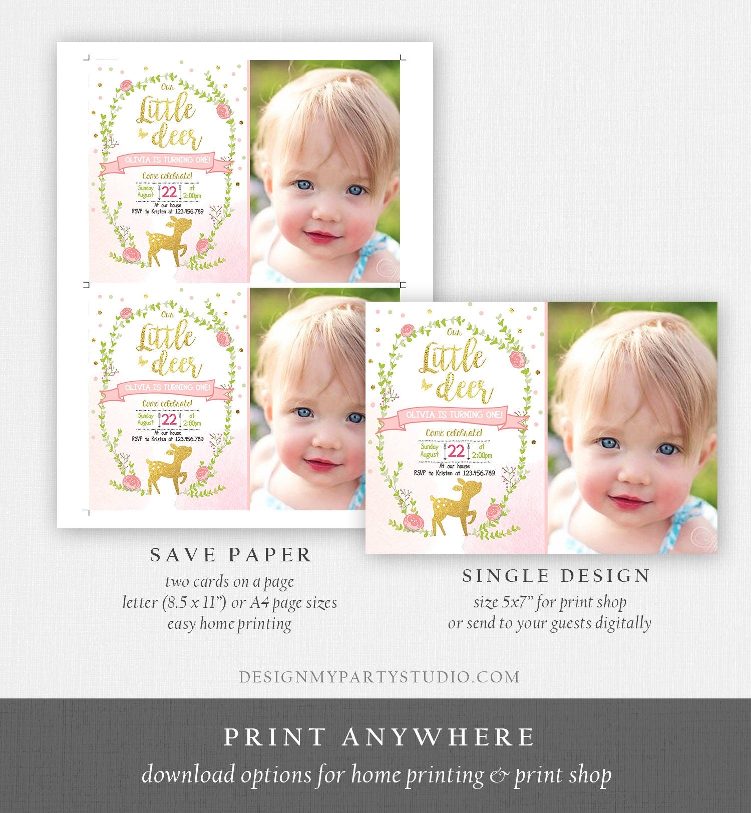 Editable Our Little Deer Birthday Invitation Pink and Gold Girl Birthday Floral Woodland Download Printable Template Corjl Digital 0085