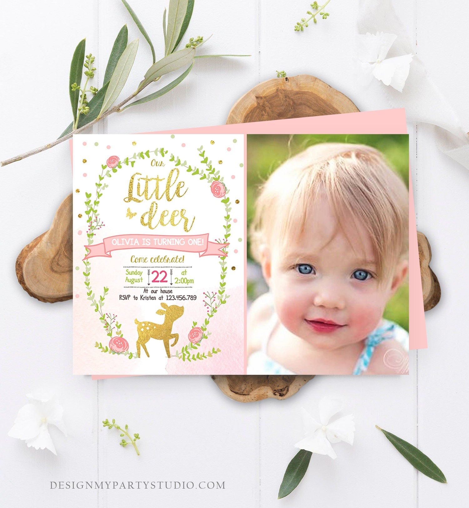 Editable Our Little Deer Birthday Invitation Pink and Gold Girl Birthday Floral Woodland Download Printable Template Corjl Digital 0085