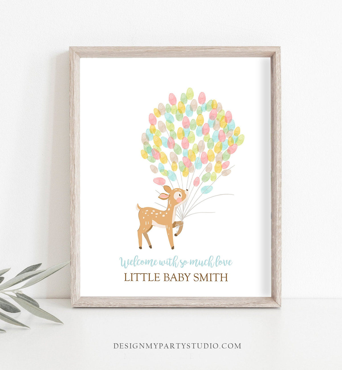 Editable Little Deer Fingerprint Guestbook Baby Shower Birthday Thumbprints Pink Girl Guest Book Woodland Corjl Template Printable 0085