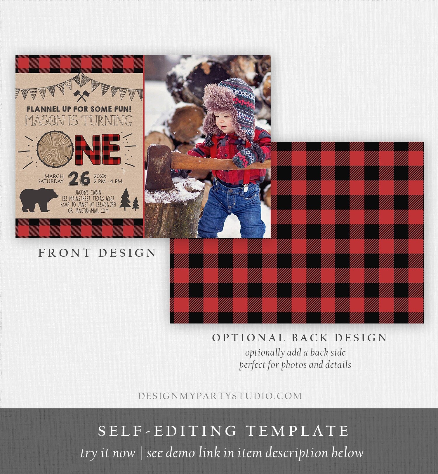 Editable Lumberjack Birthday Invitation Rustic Woodland Birthday Bear Forest Red Plaid Instant Download Printable Template Corjl 0026