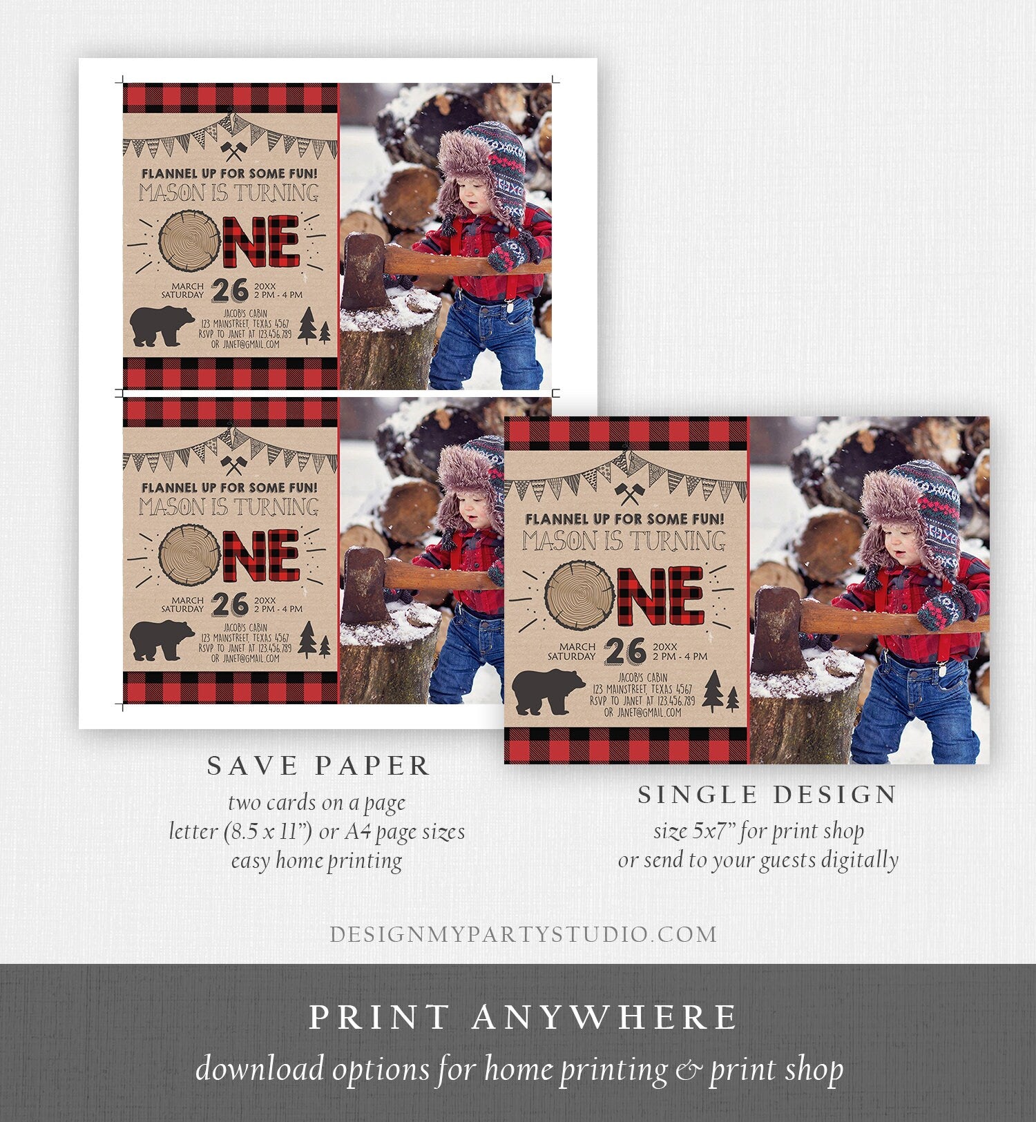 Editable Lumberjack Birthday Invitation Rustic Woodland Birthday Bear Forest Red Plaid Instant Download Printable Template Corjl 0026