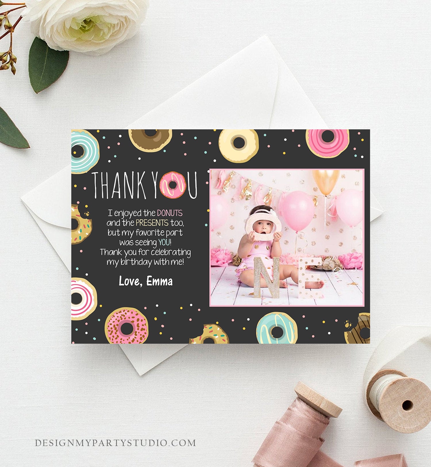 Editable Donut Thank You Card Note Pink Girl Birthday Party Doughnut Thank You Photo Sweet First Birthday 1st Corjl Template Printable 0050