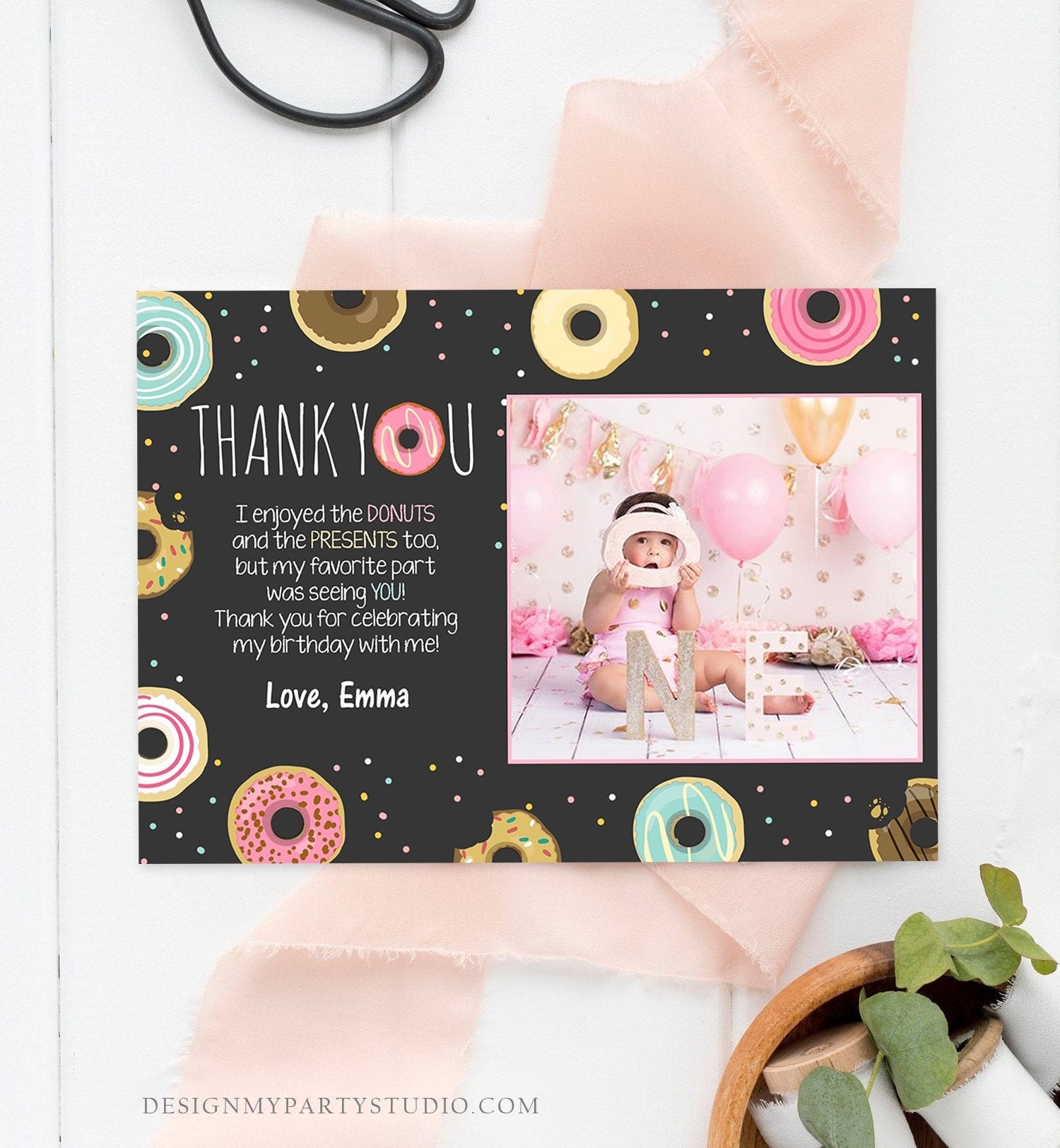 Editable Donut Thank You Card Note Pink Girl Birthday Party Doughnut Thank You Photo Sweet First Birthday 1st Corjl Template Printable 0050