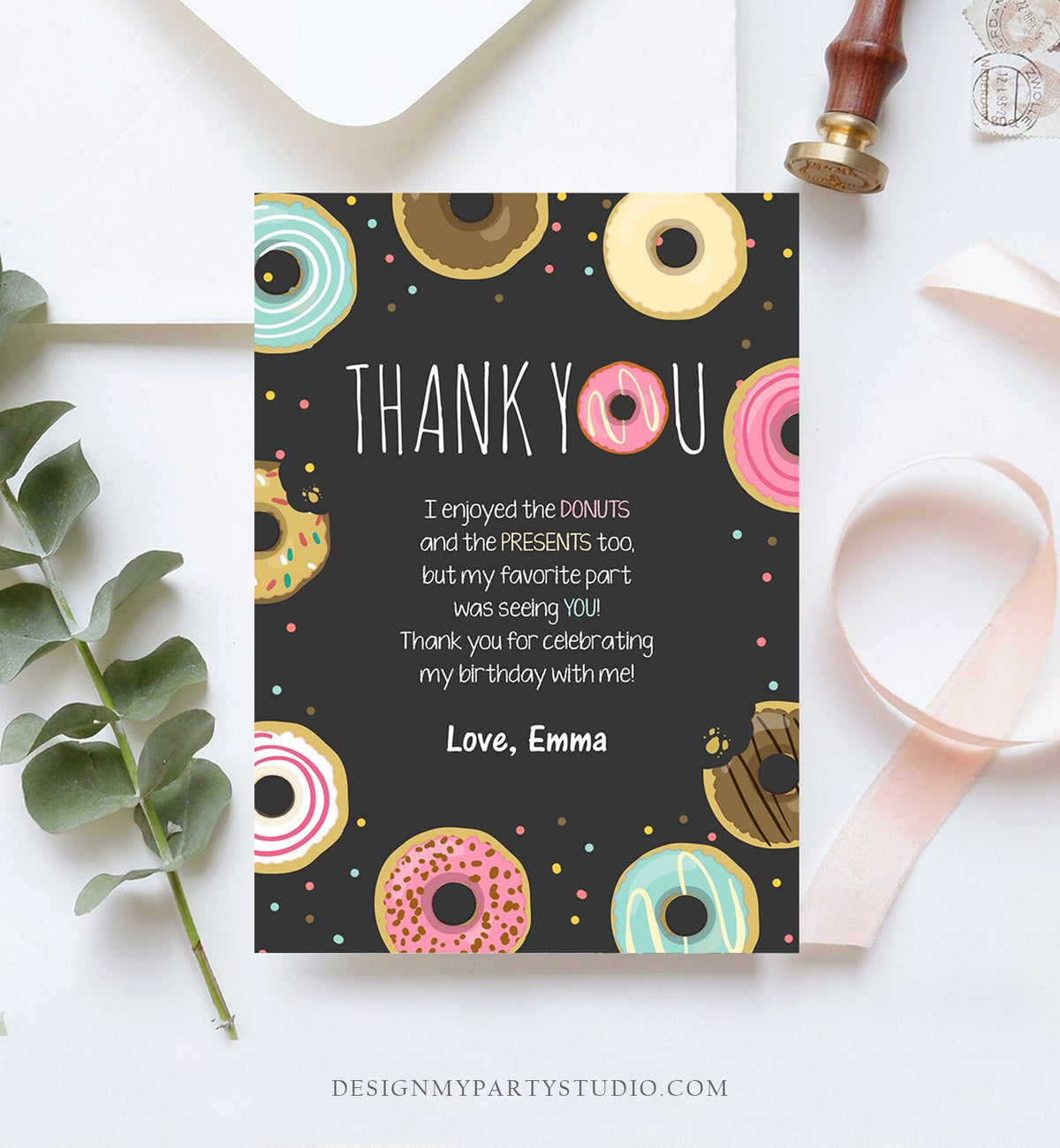 Editable Donut Thank You Card Note Pink Girl Birthday Party Doughnut Thank You Photo Sweet First Birthday 1st Corjl Template Printable 0050