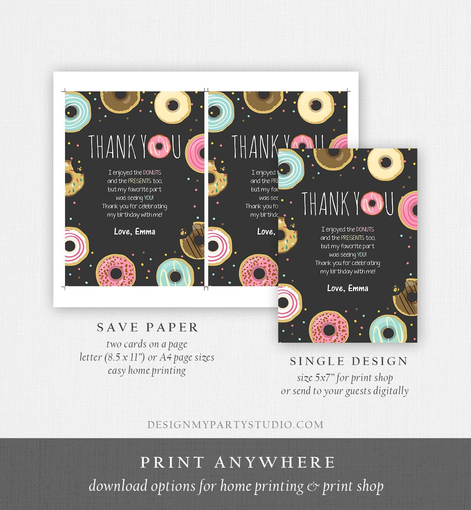 Editable Donut Thank You Card Note Pink Girl Birthday Party Doughnut Thank You Photo Sweet First Birthday 1st Corjl Template Printable 0050