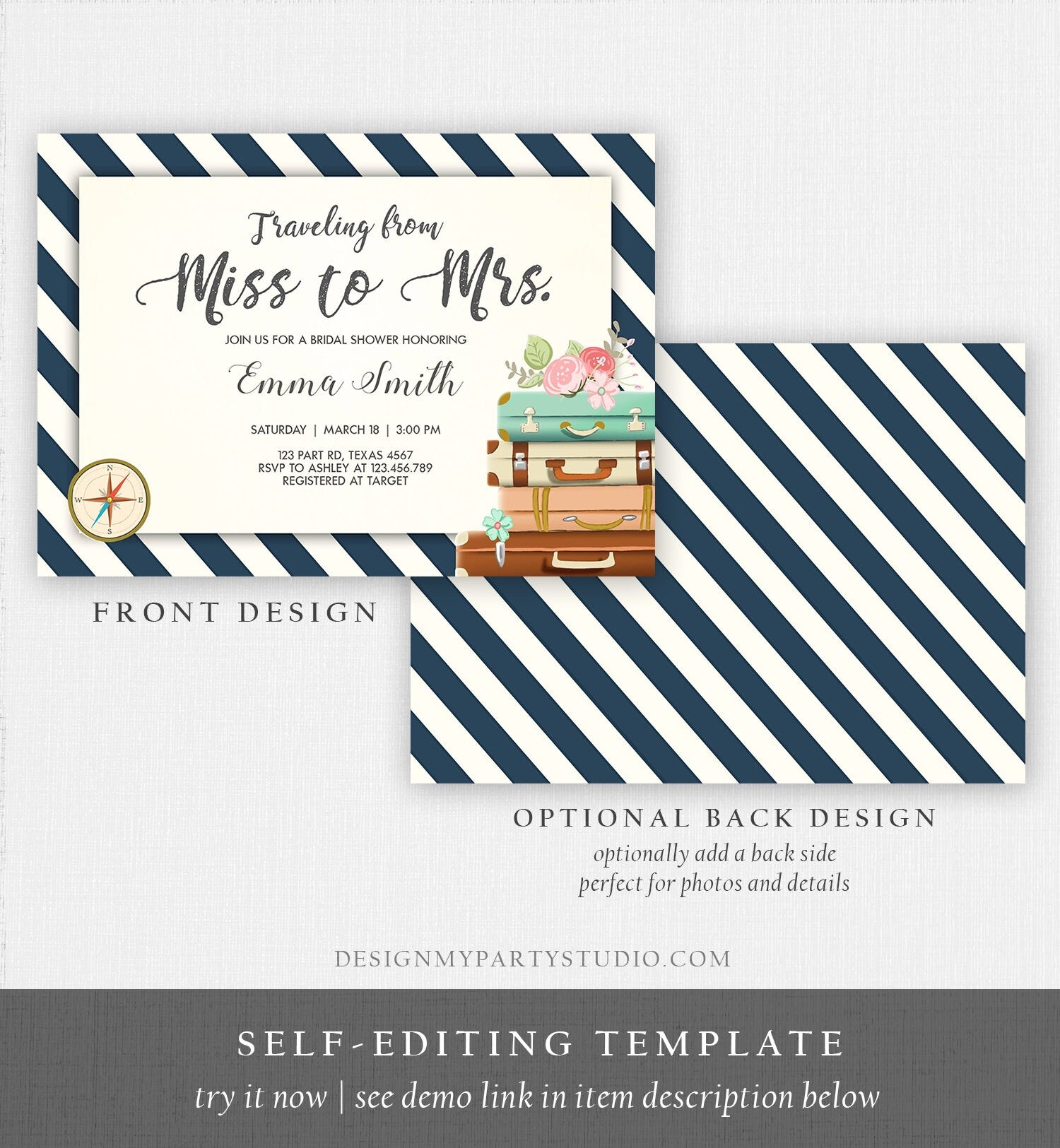 Editable Bridal Shower Invitation Miss to Mrs Travel World Map Suitcase Vintage Adventure Download Printable Template Corjl Digital 0044