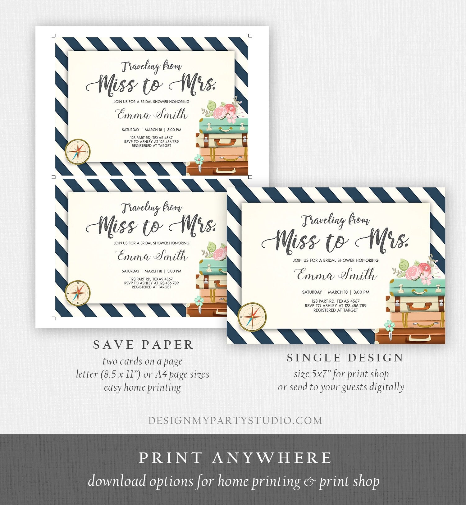 Editable Bridal Shower Invitation Miss to Mrs Travel World Map Suitcase Vintage Adventure Download Printable Template Corjl Digital 0044