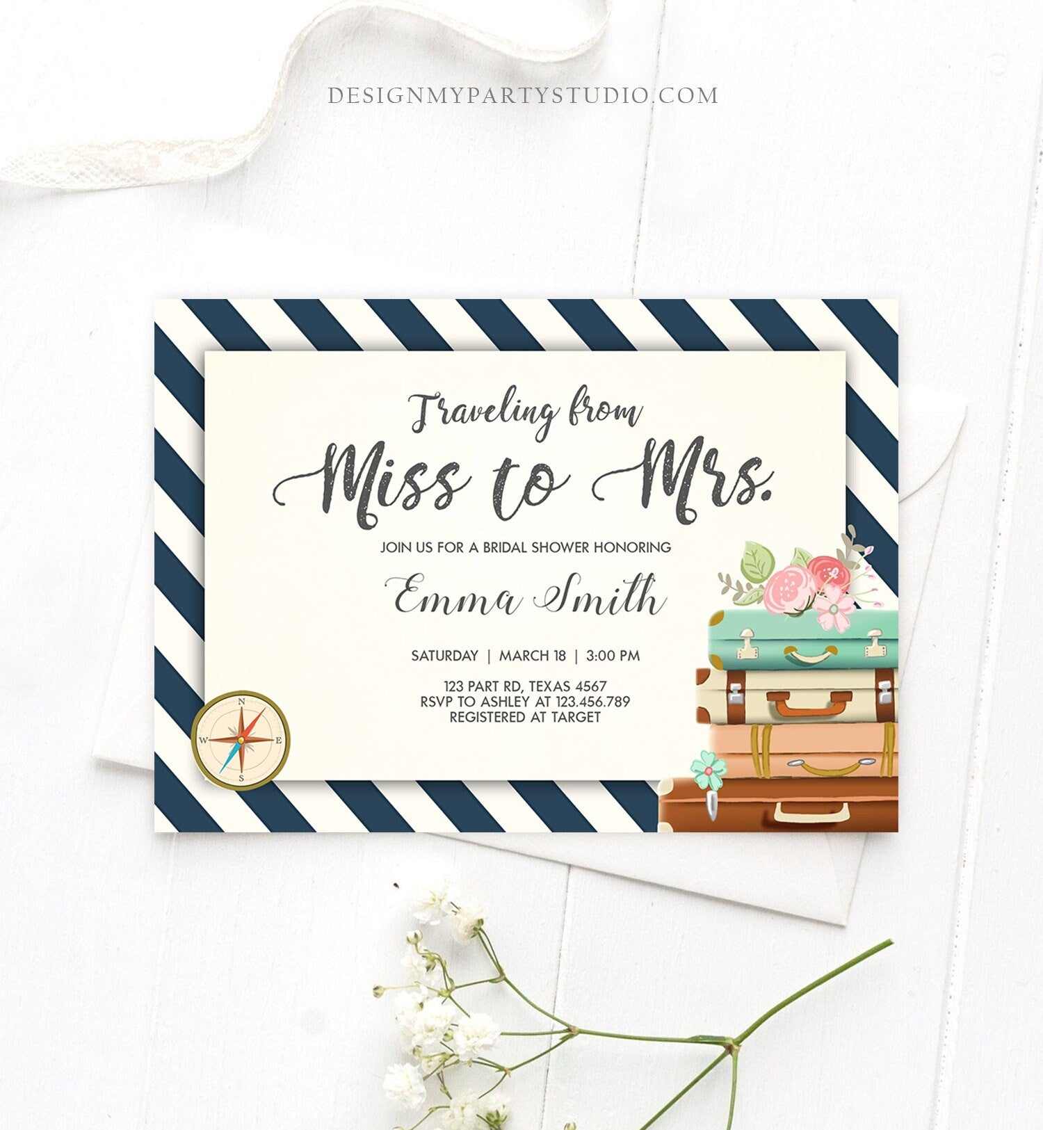 Editable Bridal Shower Invitation Miss to Mrs Travel World Map Suitcase Vintage Adventure Download Printable Template Corjl Digital 0044