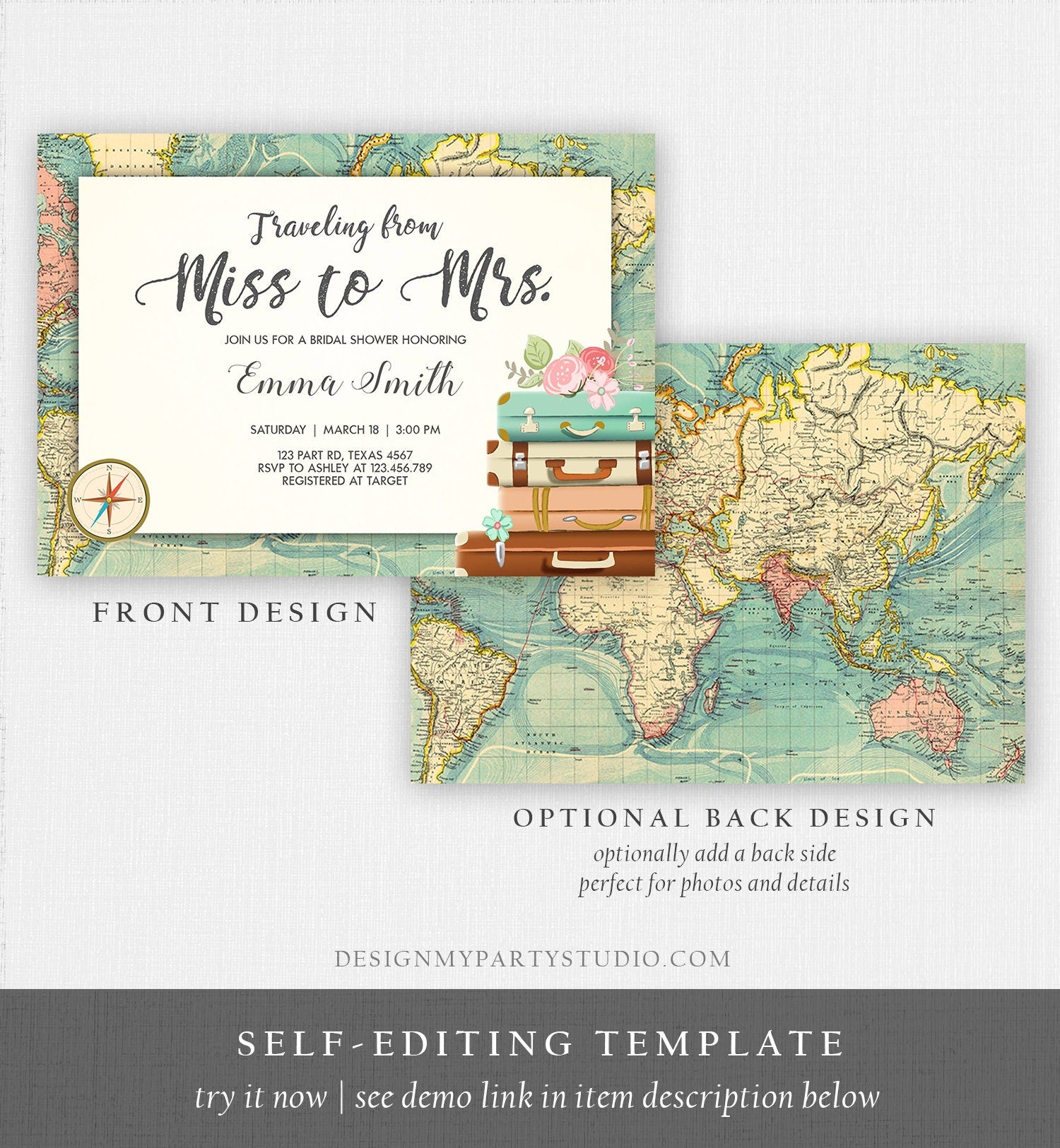 Editable Bridal Shower Invitation Traveling from Miss to Mrs Travel World Map Suitcase Vintage Floral Download Printable Template Corjl 0044