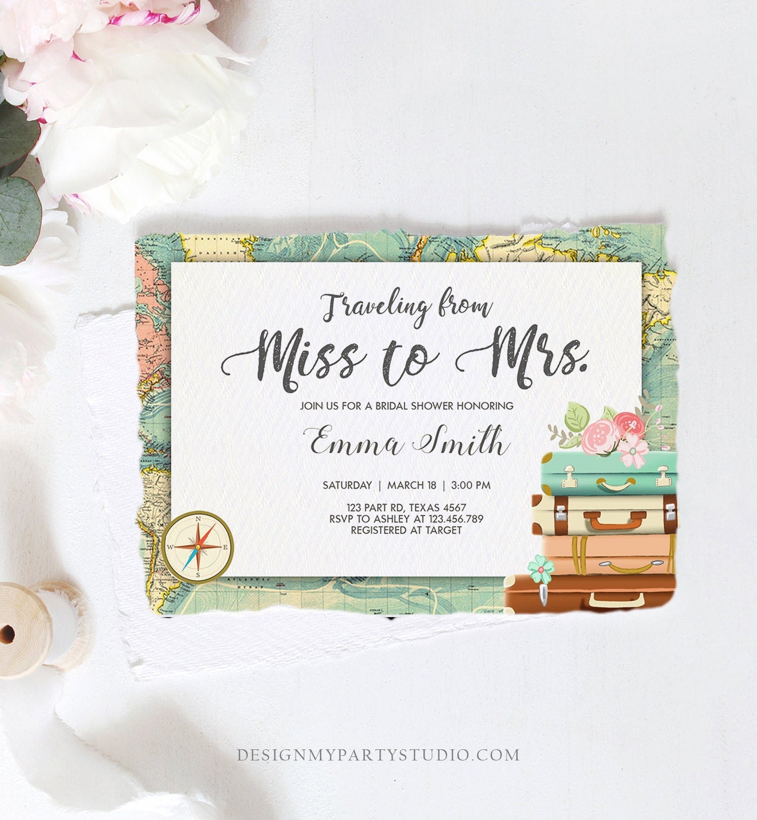 Editable Bridal Shower Invitation Traveling from Miss to Mrs Travel World Map Suitcase Vintage Floral Download Printable Template Corjl 0044