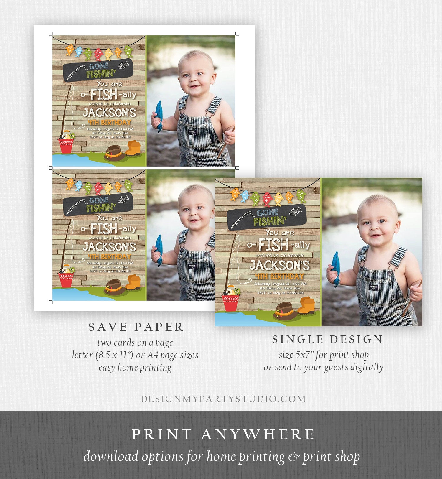 Editable Fishing Birthday Invitation Boy o-Fish-Ally Reeling the Big One Gone Fishing Fishin Digital Download Corjl Template Printable 0080