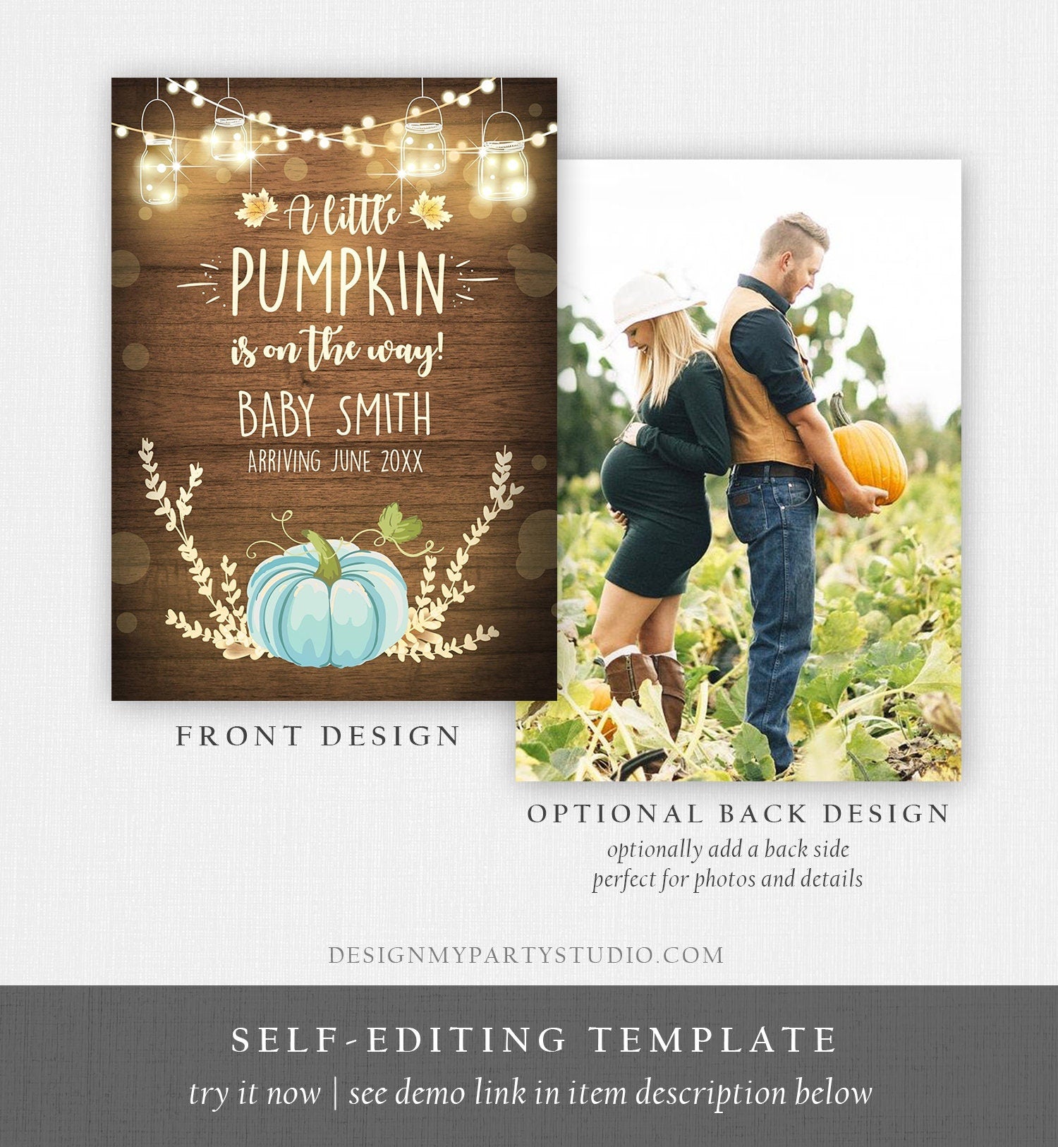 Editable Pumpkin Pregnancy Announcement Little Pumpkin On The Way Fall Wood Autumn Baby Boy Blue Arriving Corjl Template Printable 0015