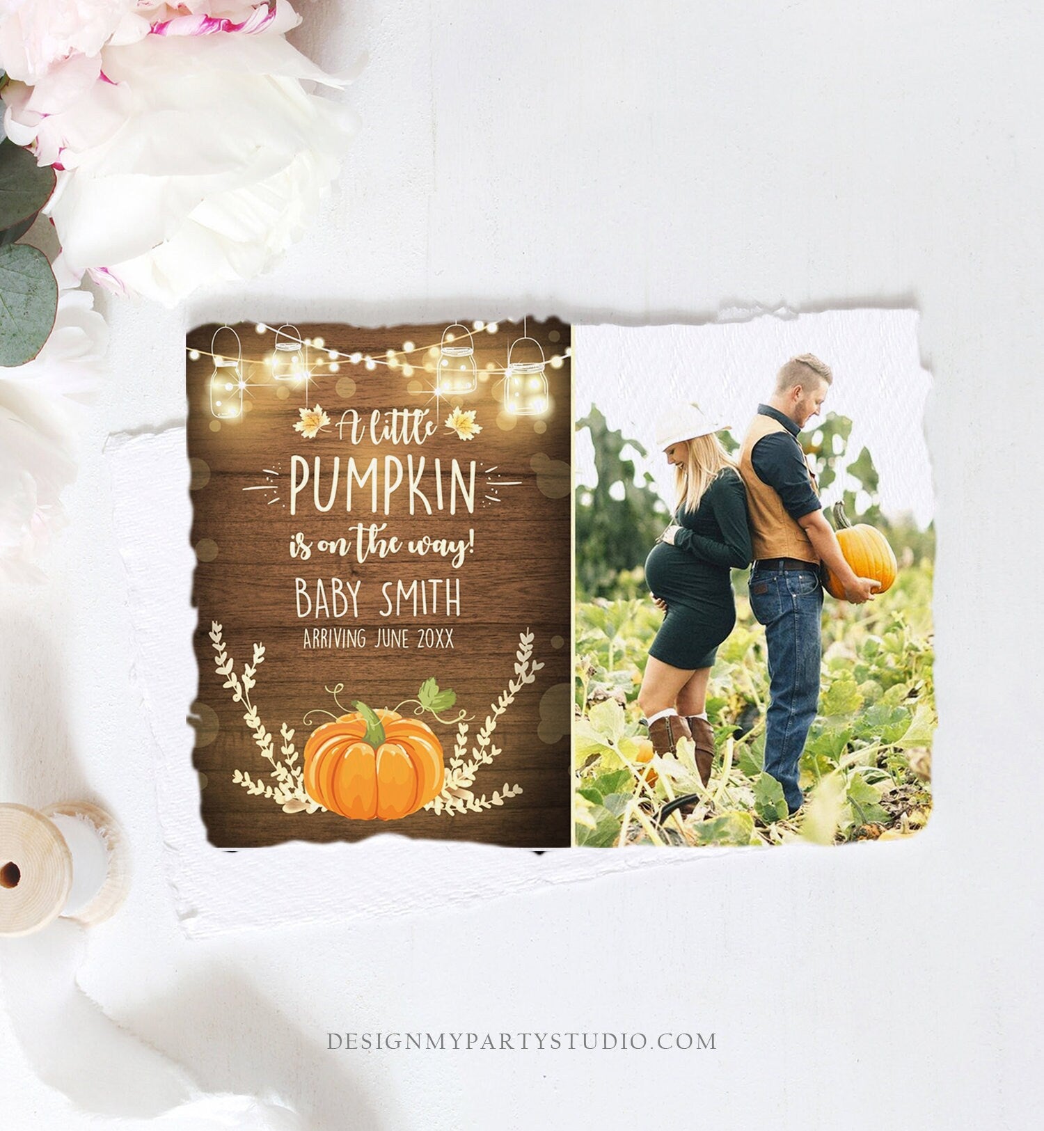 Editable Pumpkin Pregnancy Announcement Little Pumpkin On The Way Fall Wood Autumn Baby Arriving Download Corjl Template Printable 0015