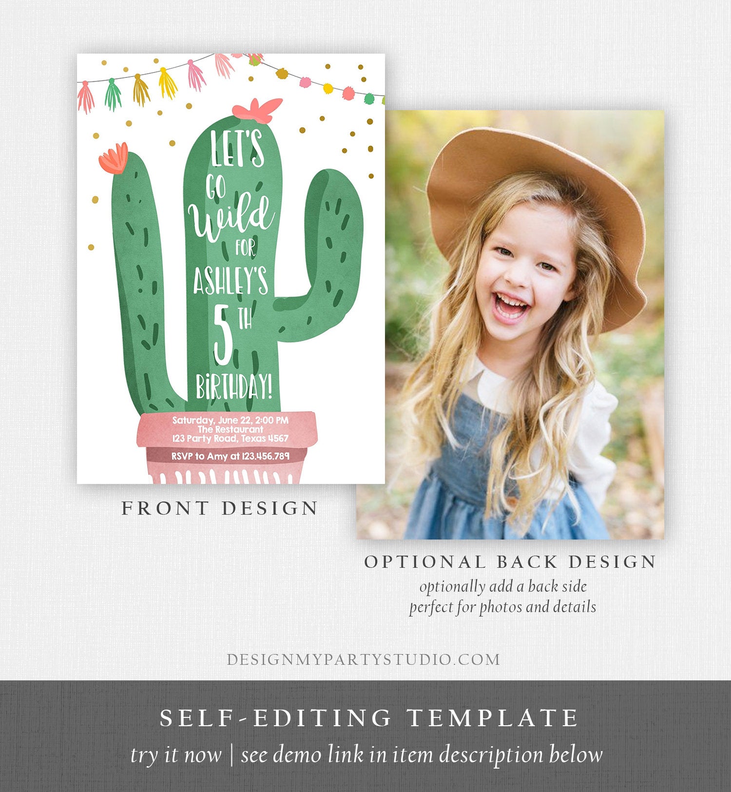 Editable Cactus Fiesta Birthday Invitation Pink Girl First Birthday Succulent 1st Mexican Fiesta and Fun Corjl Template Printable 0255