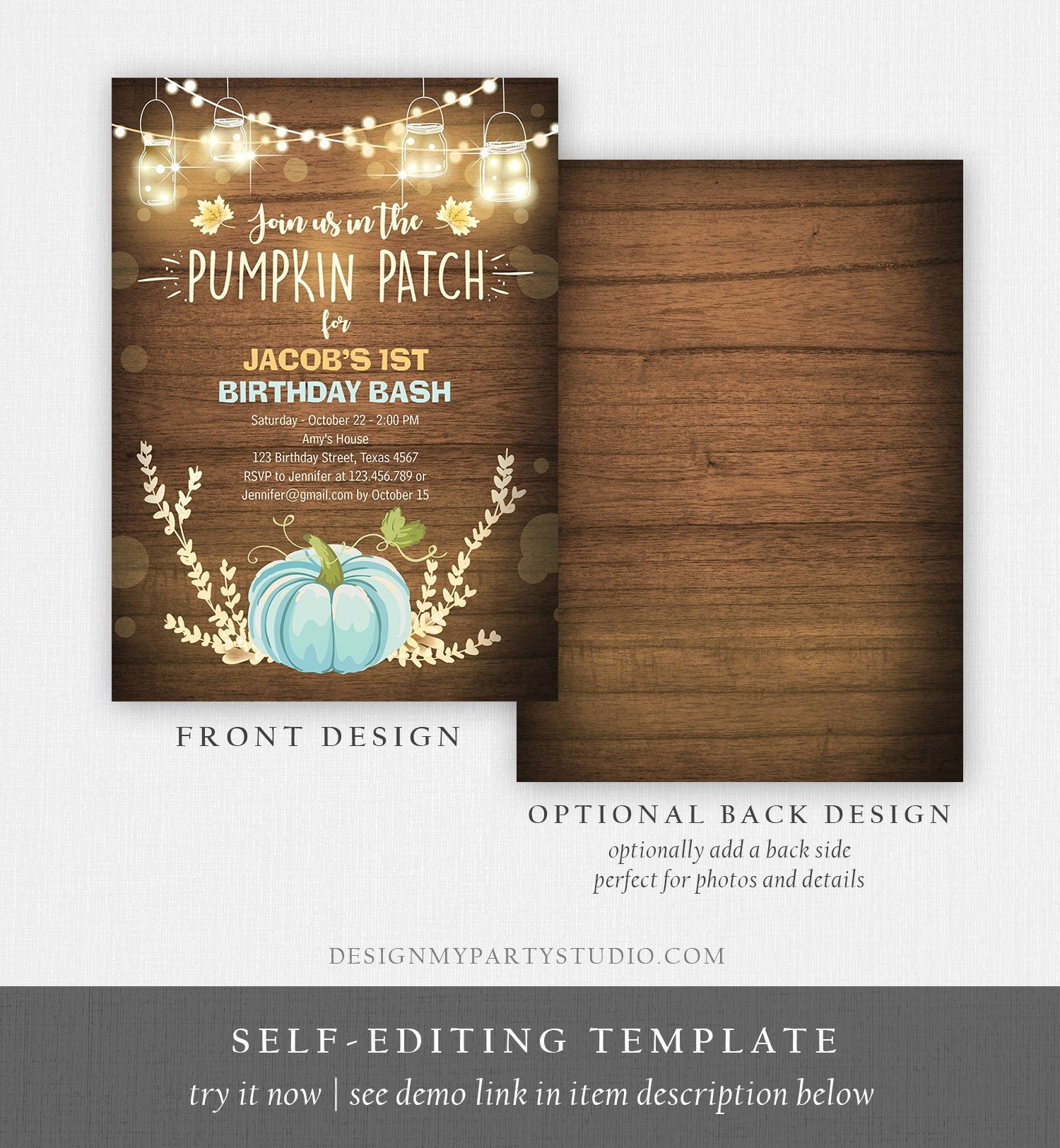 Editable Little Pumpkin Birthday Invitation Blue Pumpkin Patch Autumn Fall Rustic Boy 1st First Birthday Corjl Invitation Printable 0015