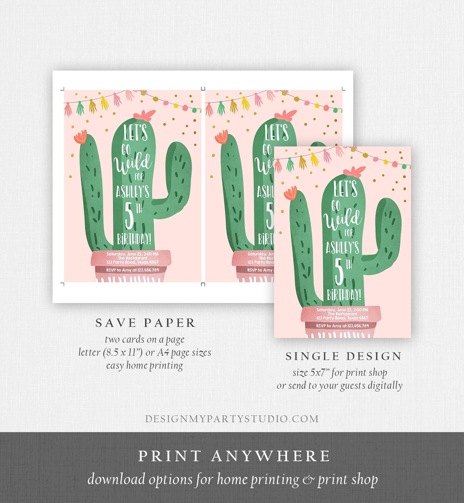 Editable Cactus Birthday Invitation Lets Go Wild One Succulent Mexican Fiesta Invite Girl Pink Download Printable Template Corjl 0255