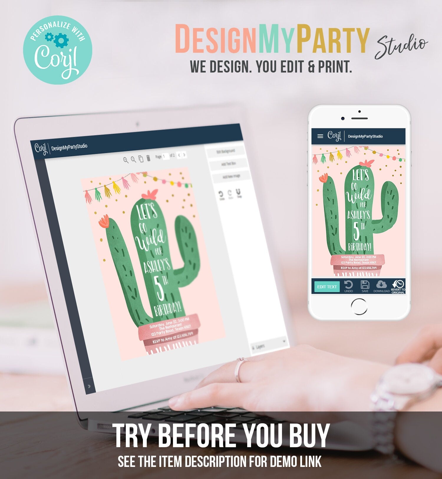 Editable Cactus Birthday Invitation Lets Go Wild One Succulent Mexican Fiesta Invite Girl Pink Download Printable Template Corjl 0255