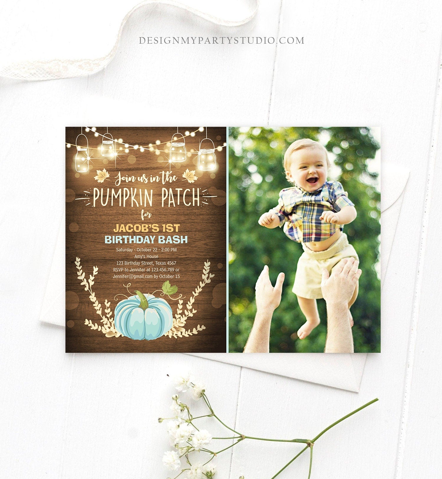 Editable Little Pumpkin Birthday Invitation Blue Pumpkin Patch Autumn Fall Rustic Boy 1st First Birthday Corjl Invitation Printable 0015